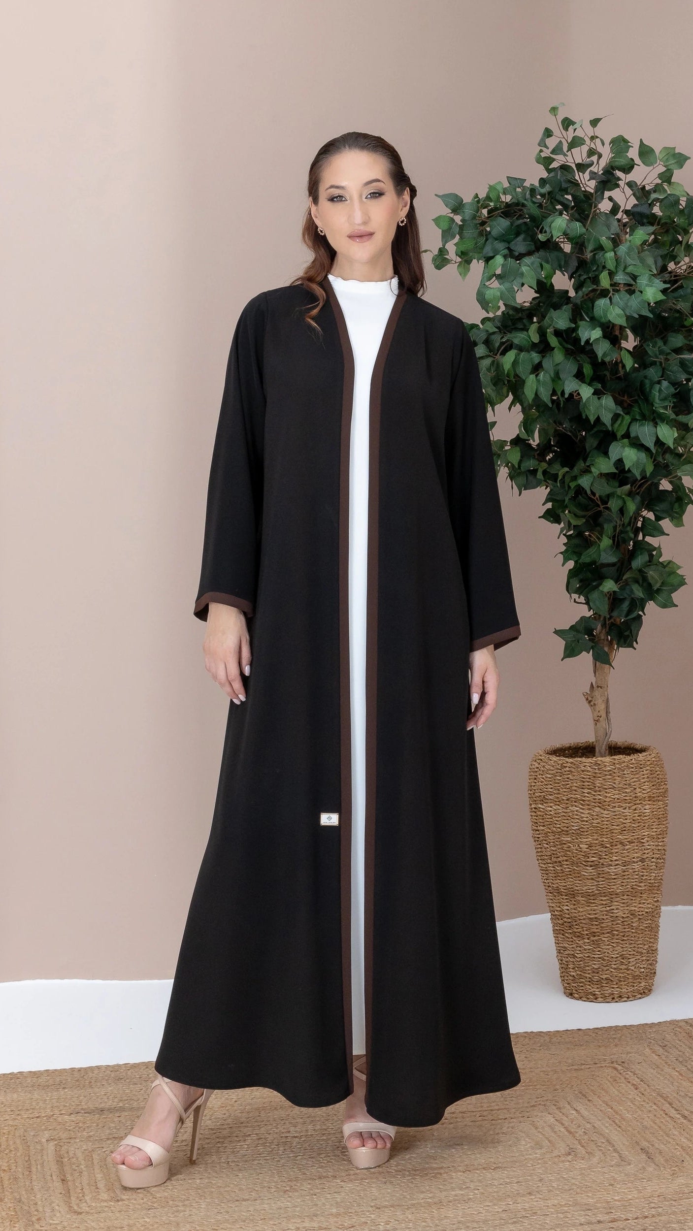 RUSMA Umber Trim minimalist luxury abaya with flowing silhouette and umber accents