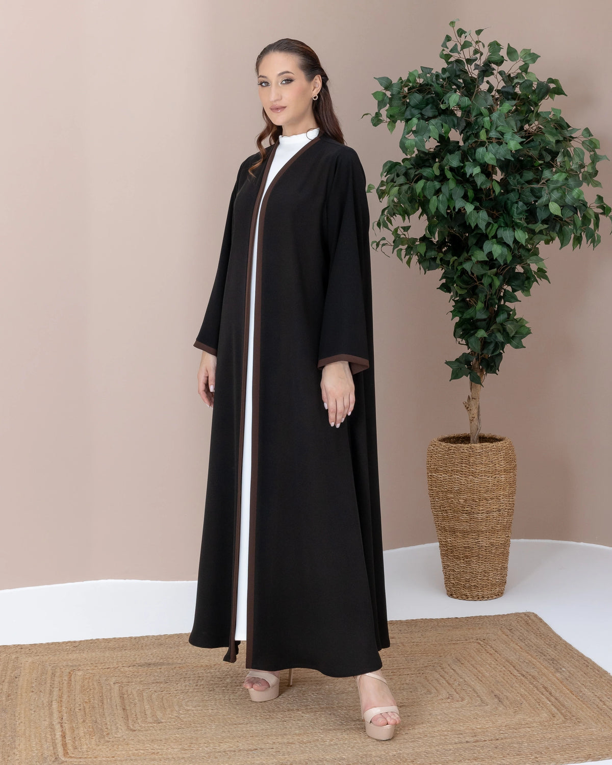 RUSMA Umber Trim couture black abaya designed for Ramadan and Eid elegance