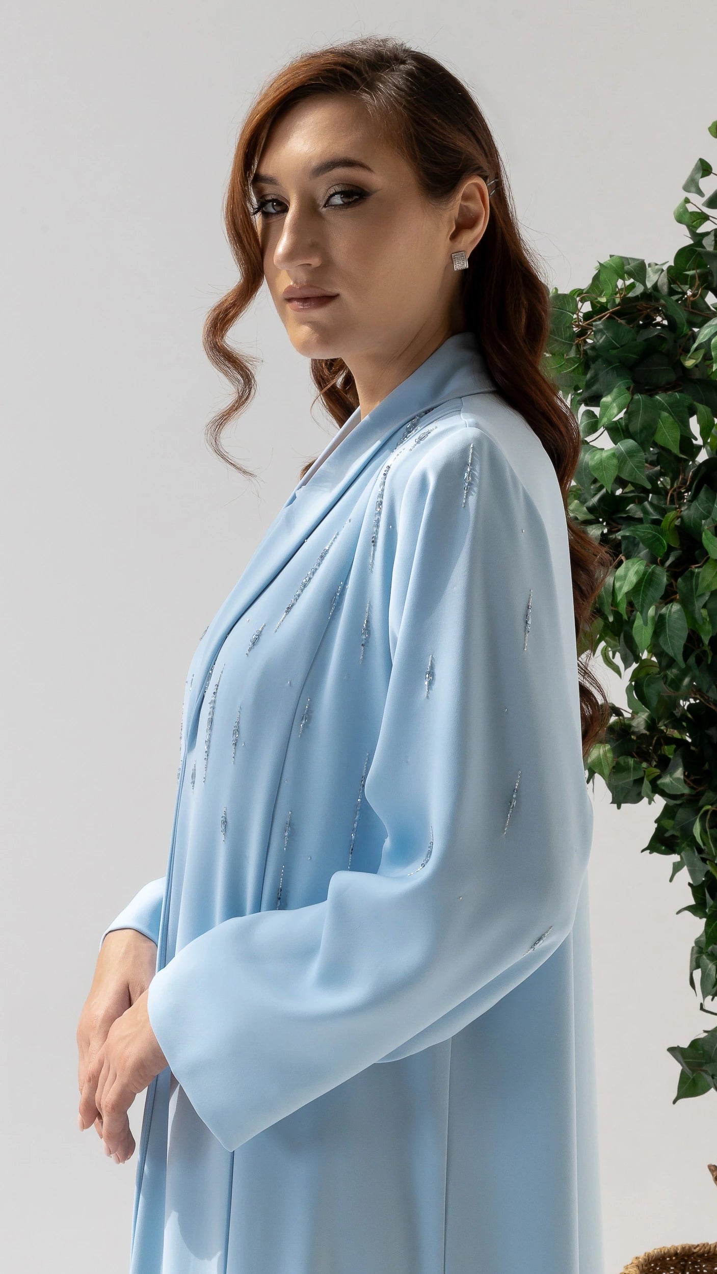 RUWAIYA Arctic Crystal Luxe abaya luxury ice blue abaya with refined tailored collar and flowing sleeves