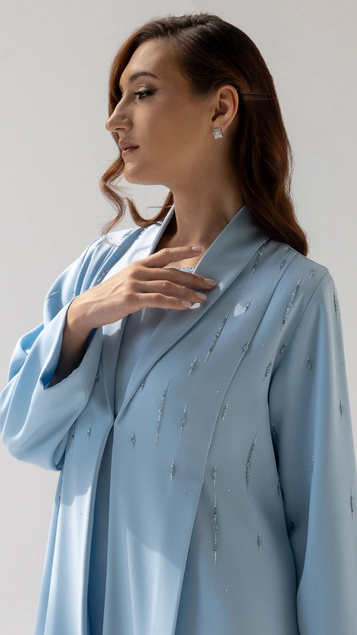 RUWAIYA Arctic Crystal Luxe abaya elegant modest wear featuring celestial-inspired crystal accents