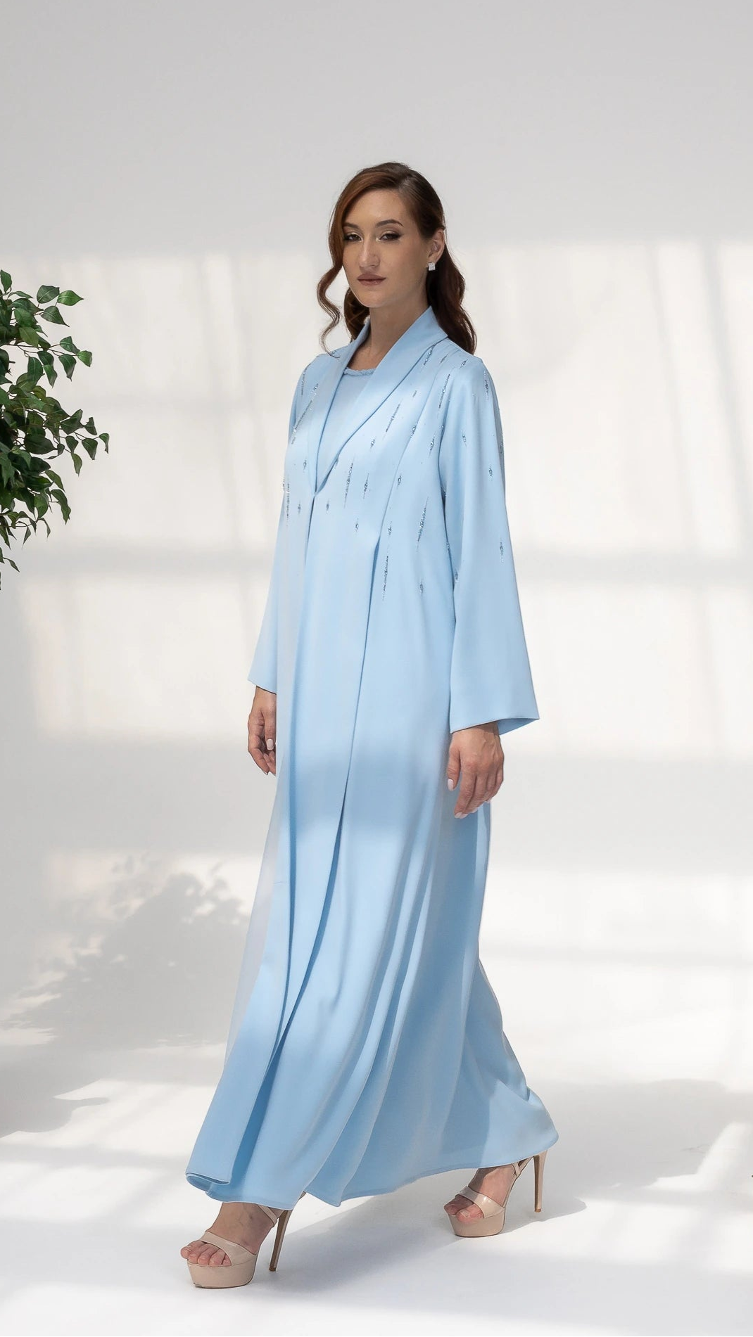 RUWAIYA Arctic Crystal Luxe abaya couture blue abaya featuring flowing silhouette and crystal detailing