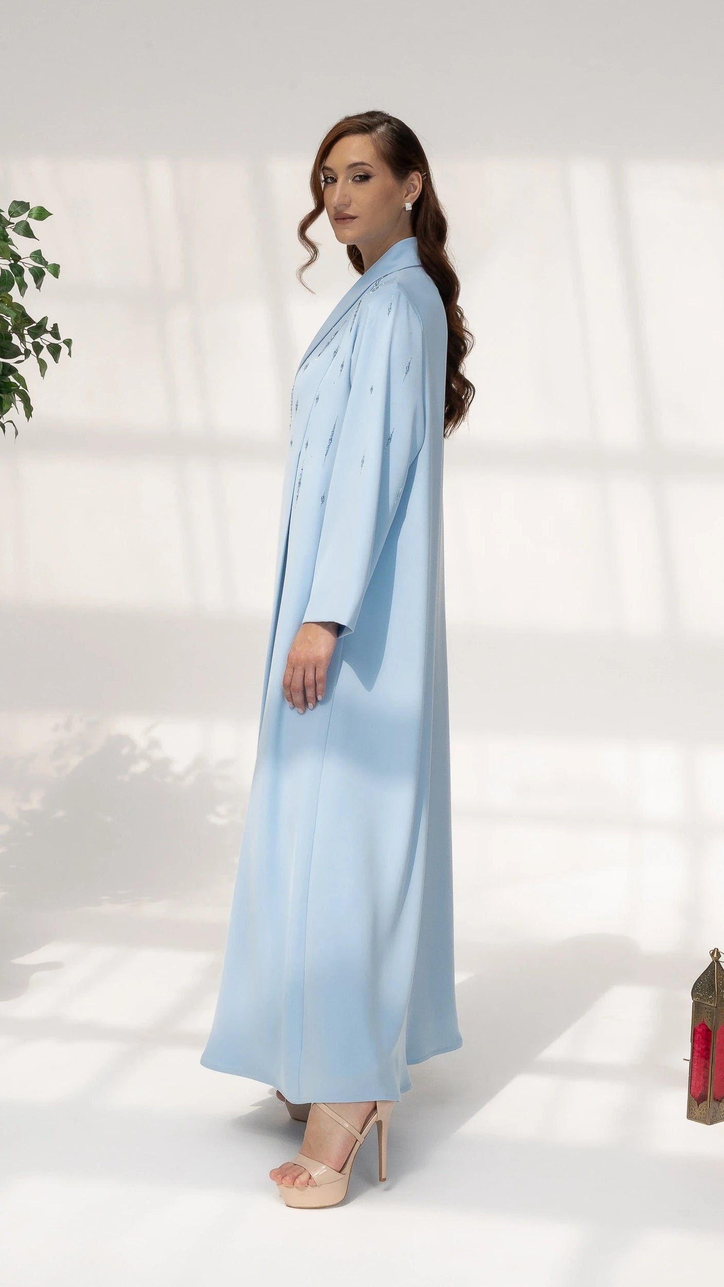 RUWAIYA Arctic Crystal Luxe abaya elegant side profile showcasing luxury modest fashion design