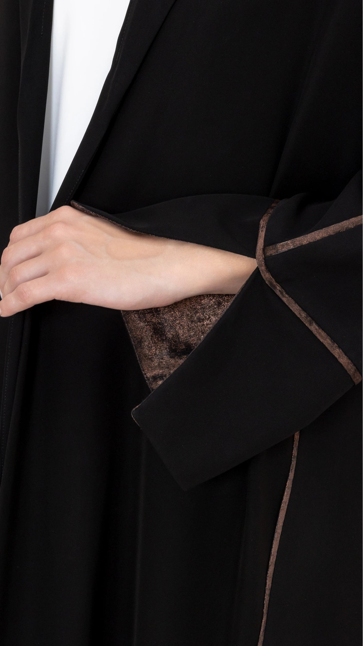 SAMRA Noir Bronze bronze velvet cuff detail close-up luxury abaya photography