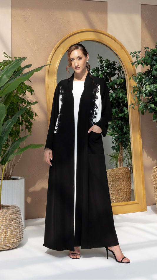 SARABAH Noir Mirage full-length designer abaya featuring elegant two-tone couture styling