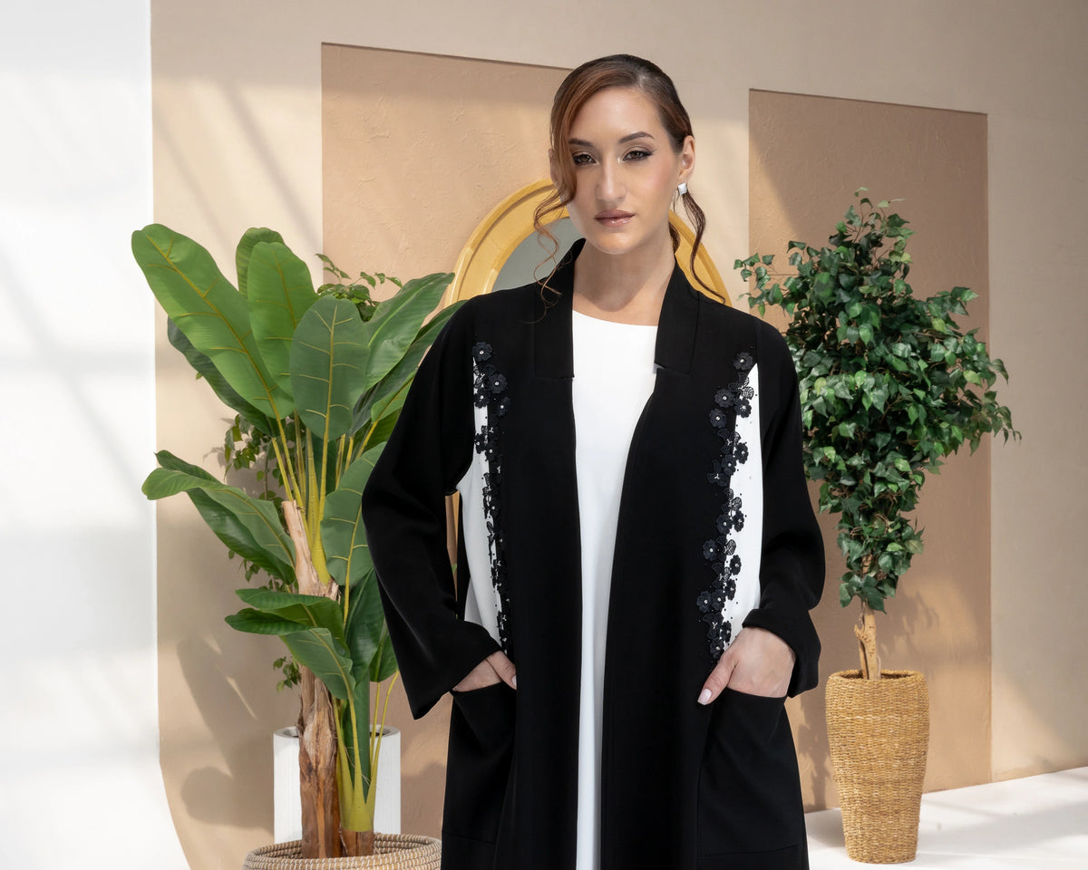 SARABAH Noir Mirage premium modest fashion abaya with black floral embroidered panels