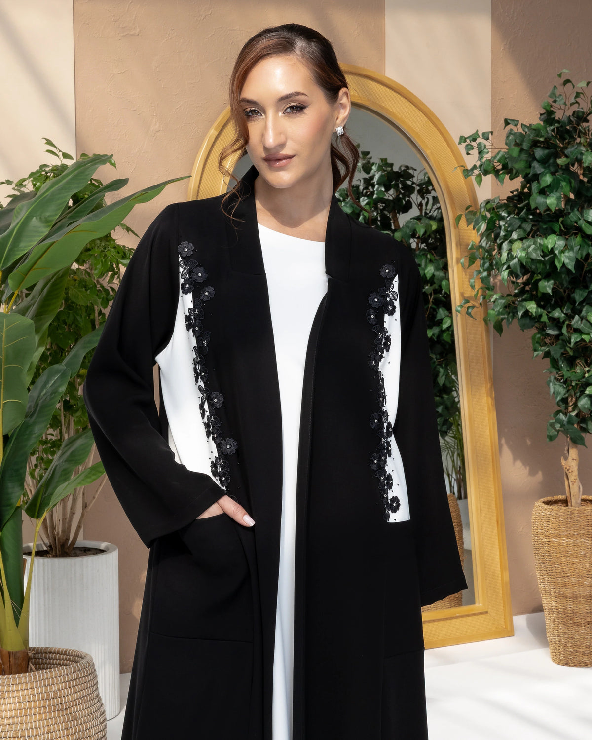 SARABAH Noir Mirage full-length designer abaya featuring elegant two-tone couture styling