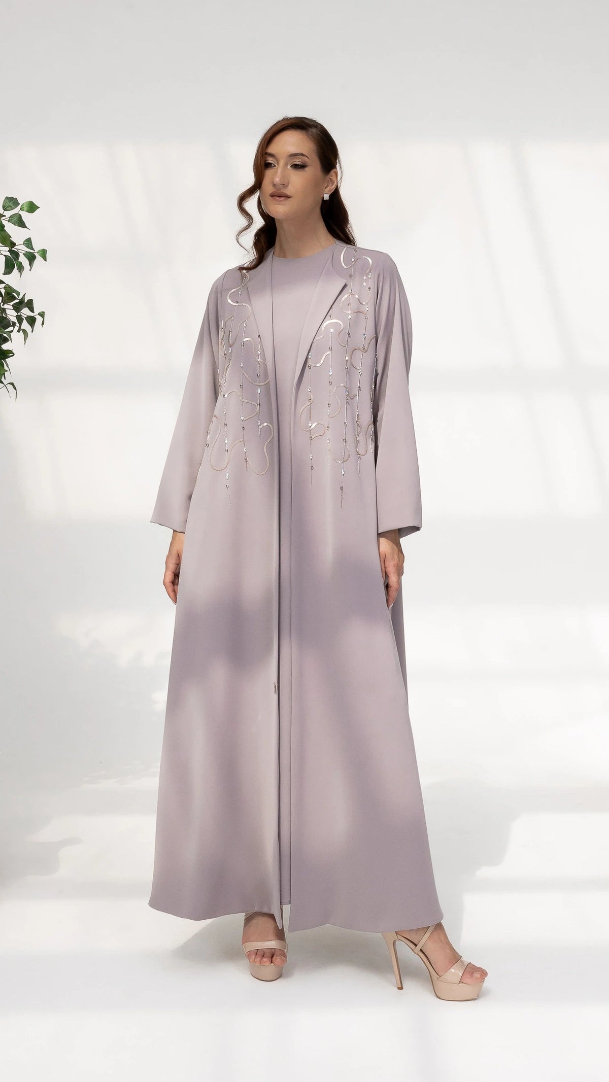 SERAJAH Mauve Mist Arabesque luxury mauve abaya with arabesque crystal embellishments full-length portrait