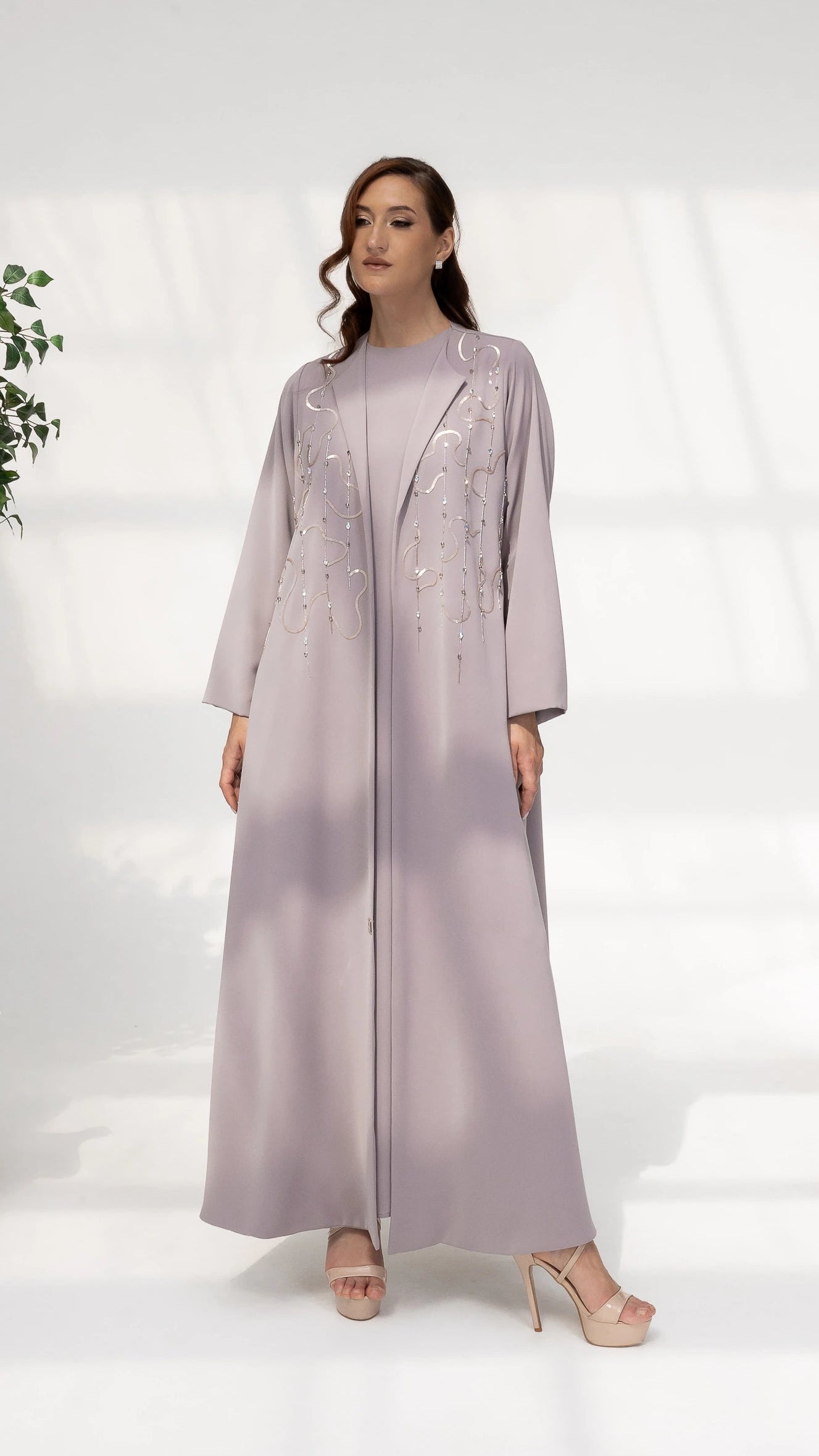 SERAJAH Mauve Mist Arabesque luxury mauve abaya with arabesque crystal embellishments full-length portrait