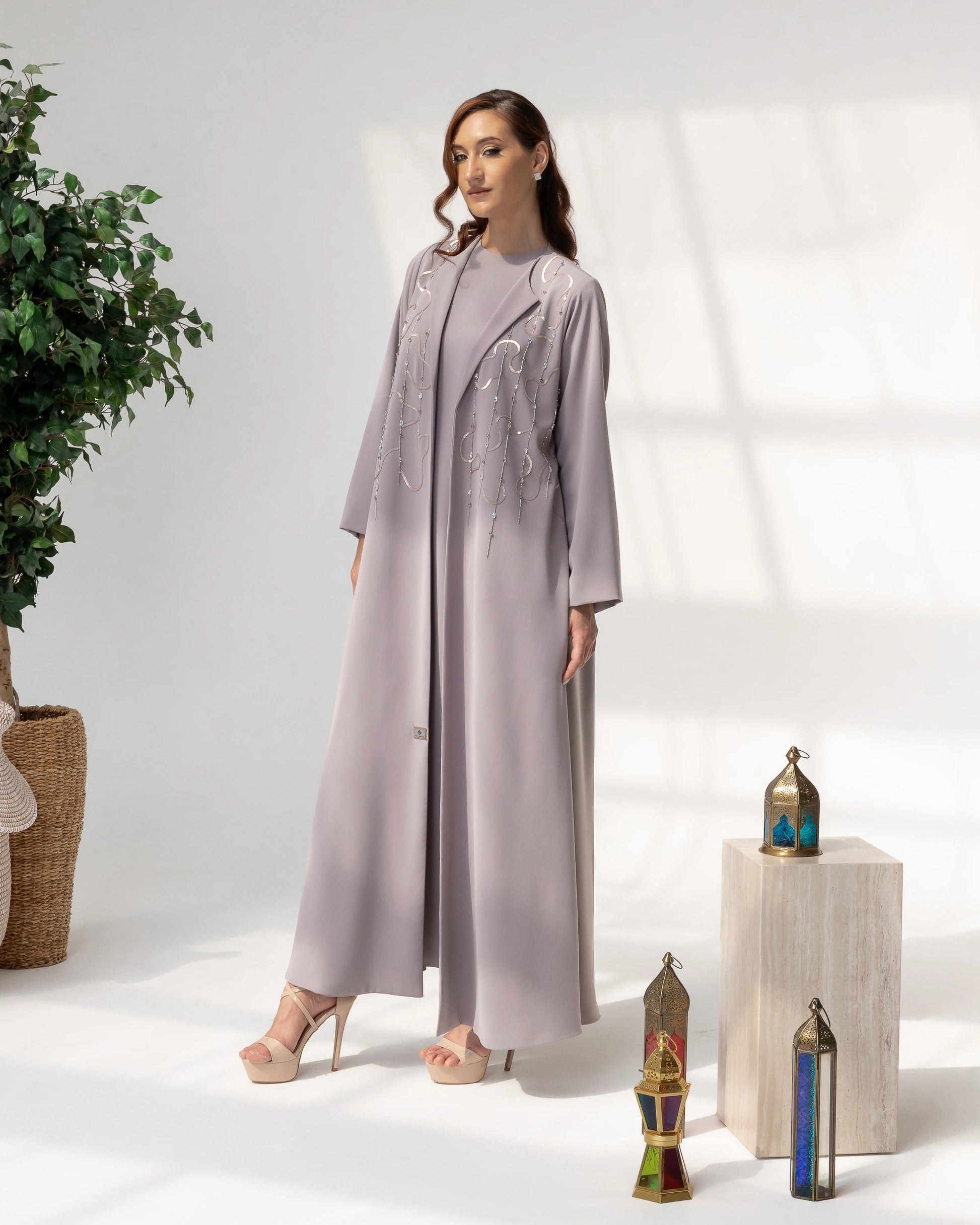 SERAJAH Mauve Mist Arabesque couture abaya featuring elegant flowing silhouette and crystal embroidery