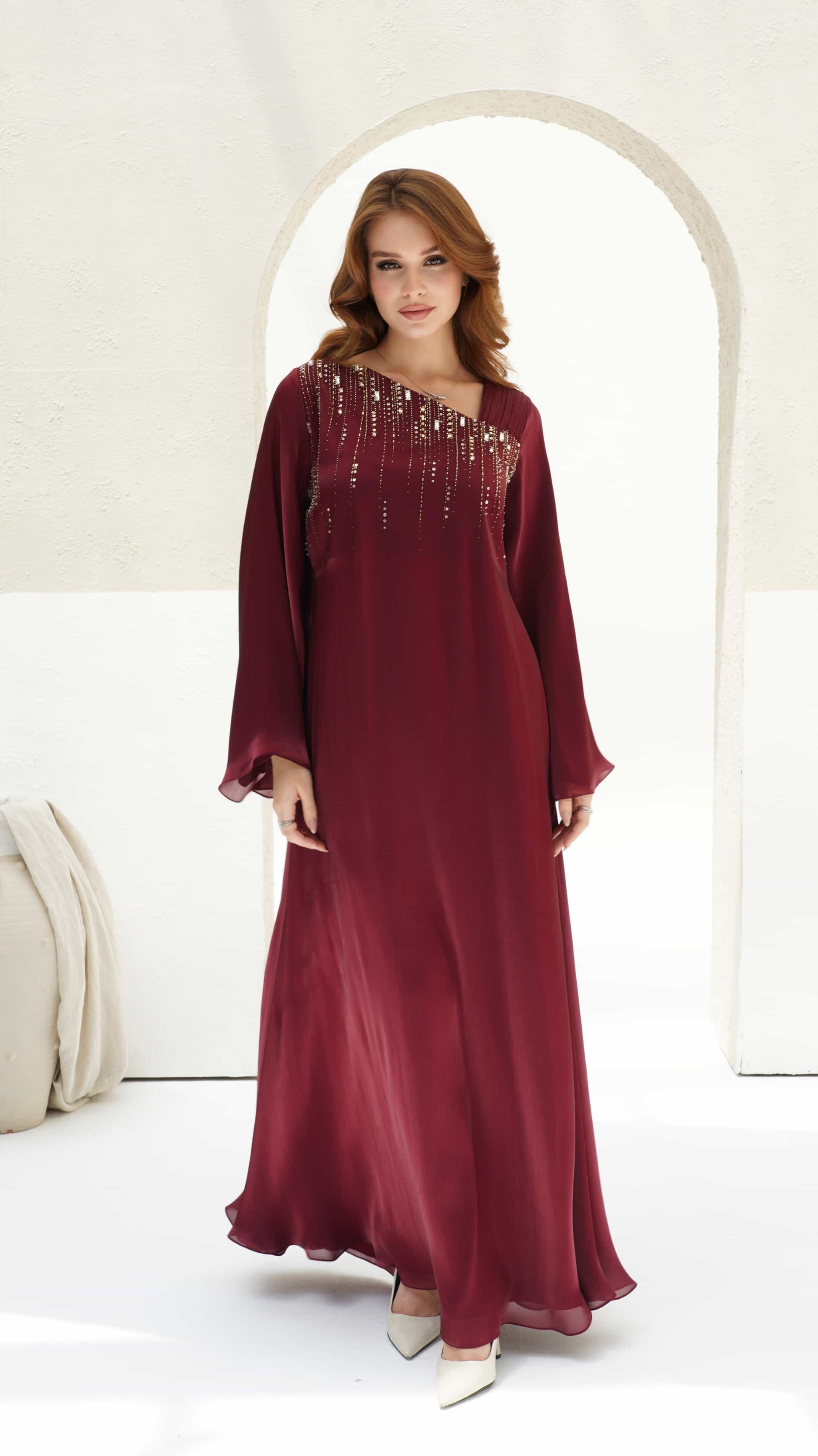 SHAMS | Burgundy Radiance Burgundy luxury kaftan dress with gold crystal embellishments