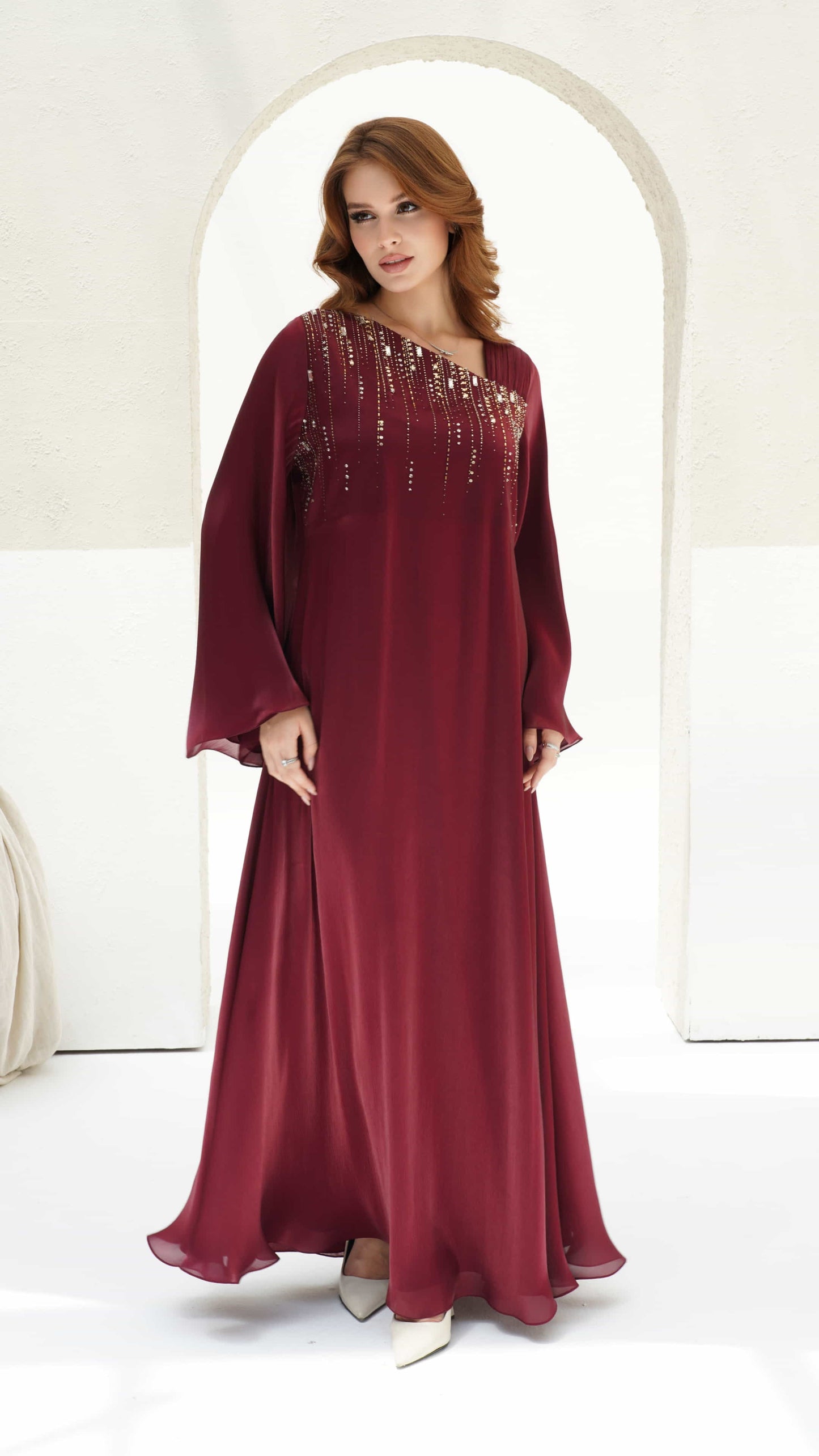 SHAMS | Burgundy Radiance Full length burgundy kaftan dress with soft drape