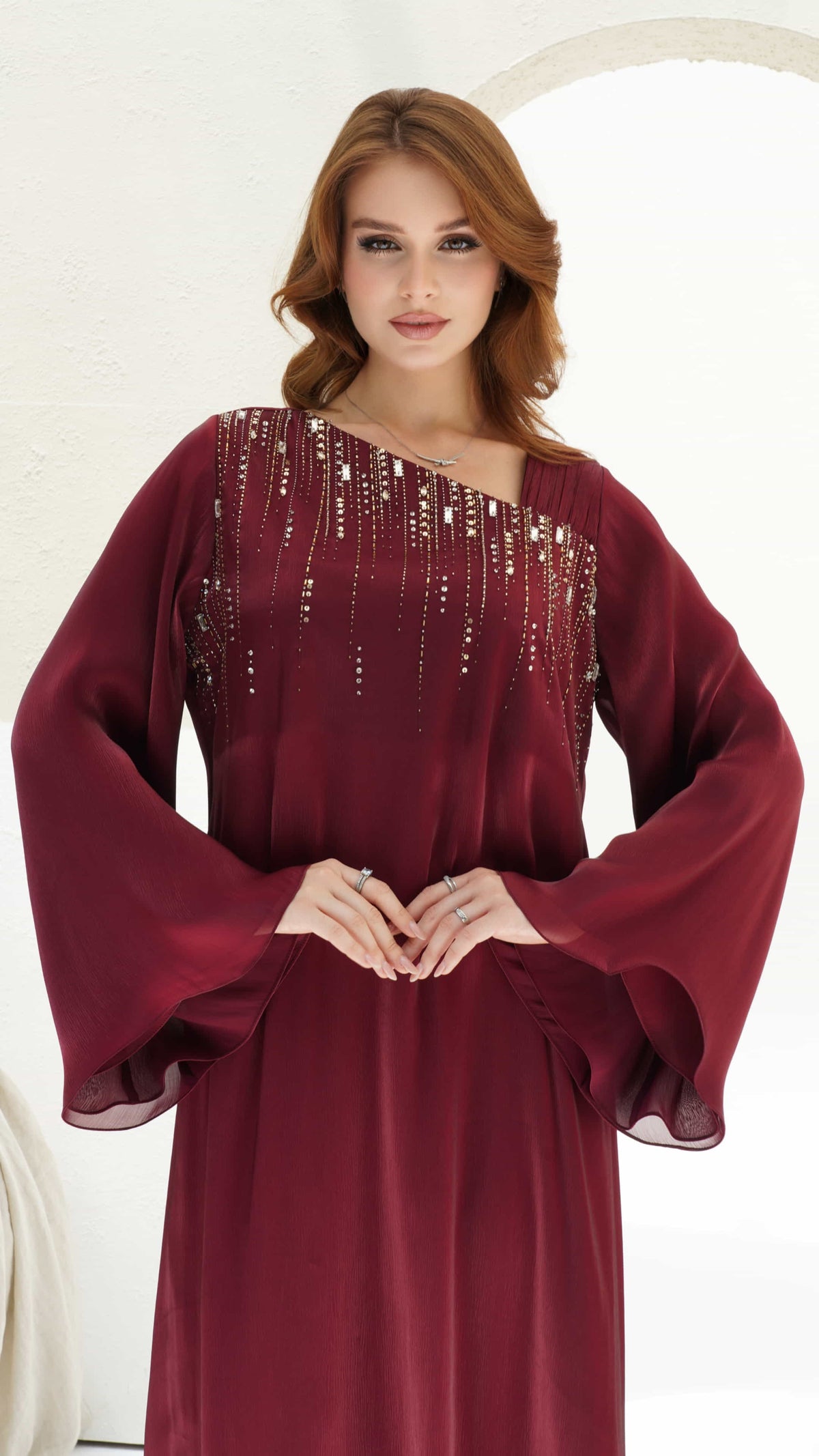 SHAMS | Burgundy Radiance Luxury kaftan with asymmetrical embellished neckline