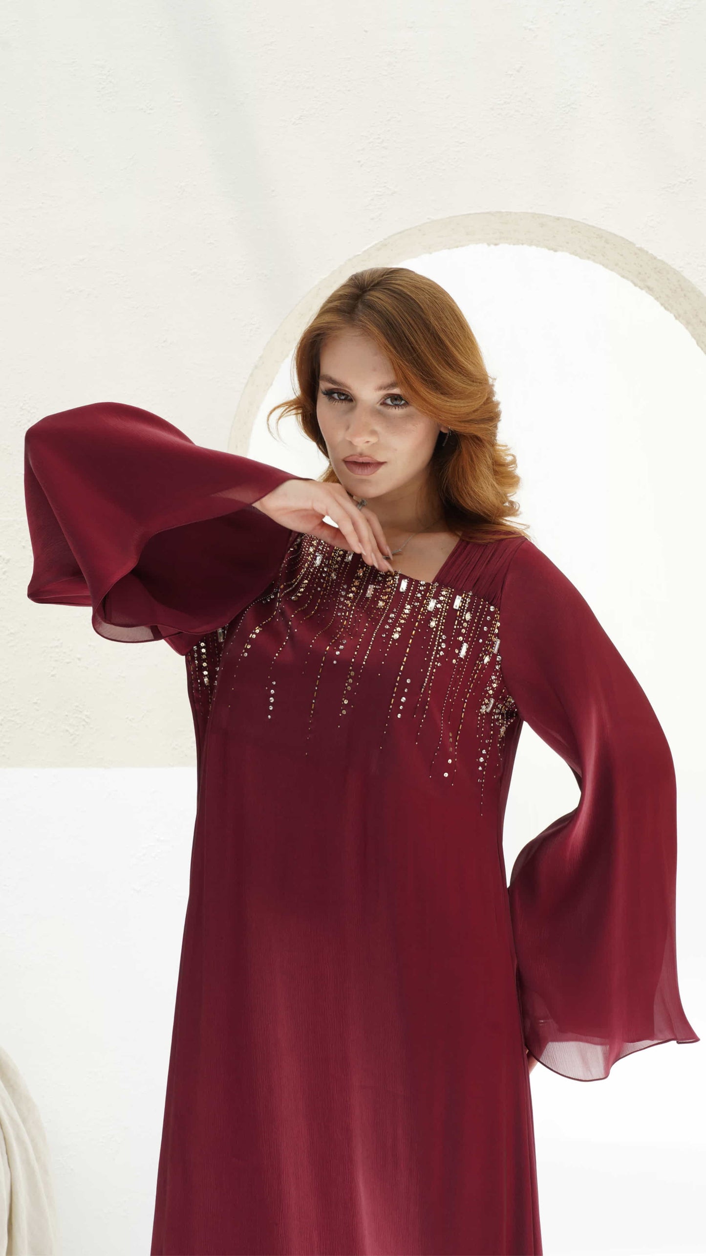 SHAMS | Burgundy Radiance Modern modest burgundy dress with bell sleeves
