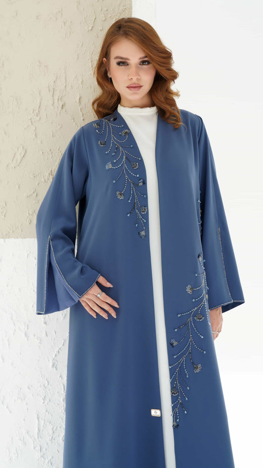 SORINA | Twilight Sapphire blue luxury abaya with hand embellished floral beadwork