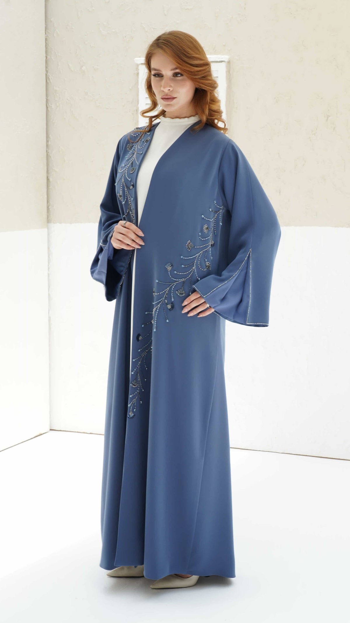SORINA | Twilight Sapphire Full length twilight sapphire abaya with refined drape and elegant structure