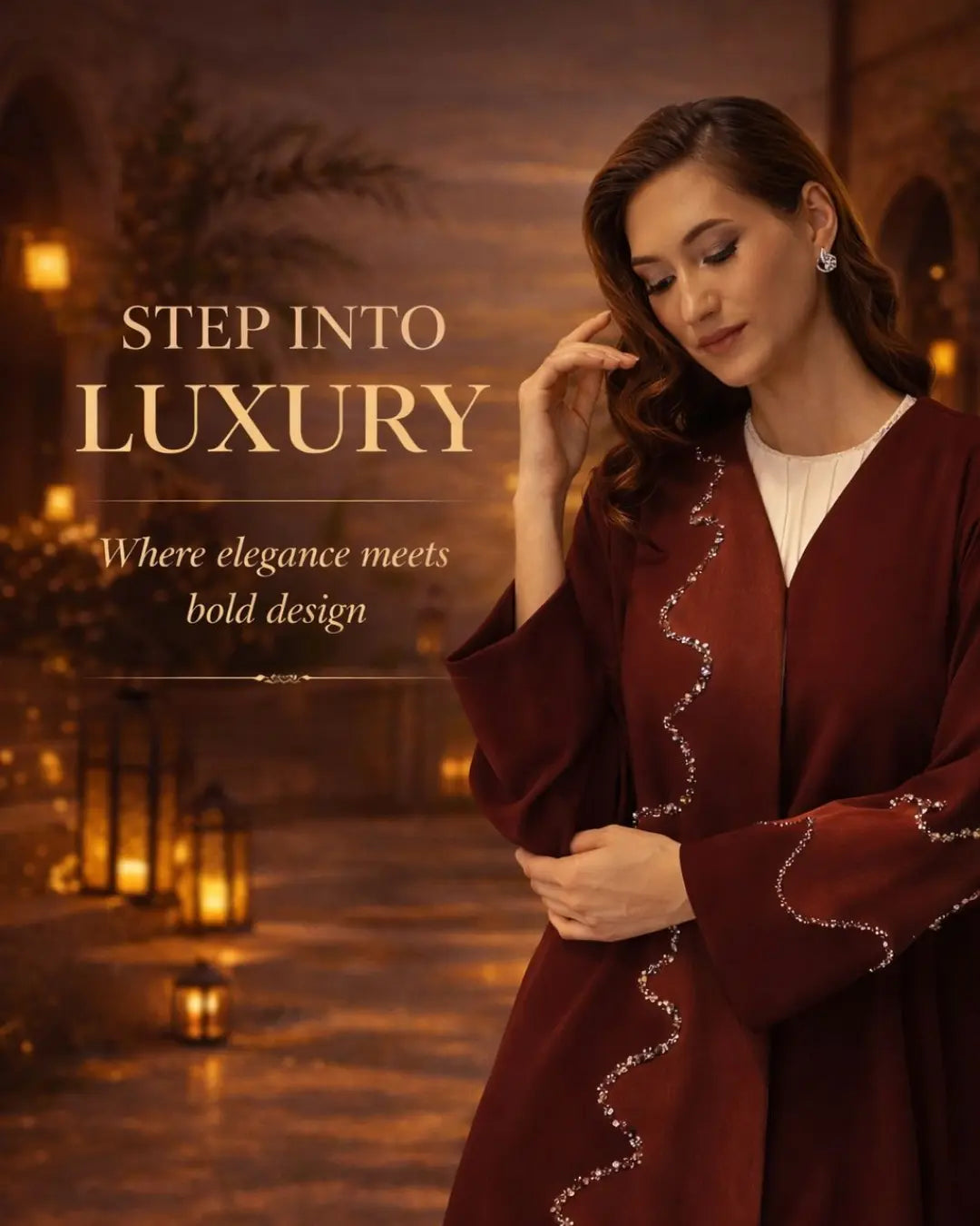 CELESTIAL COUTURE LUXURY - Woman in a luxurious outfit with 'Step into Luxury' text and Ramadan/Eid 2026 theme.