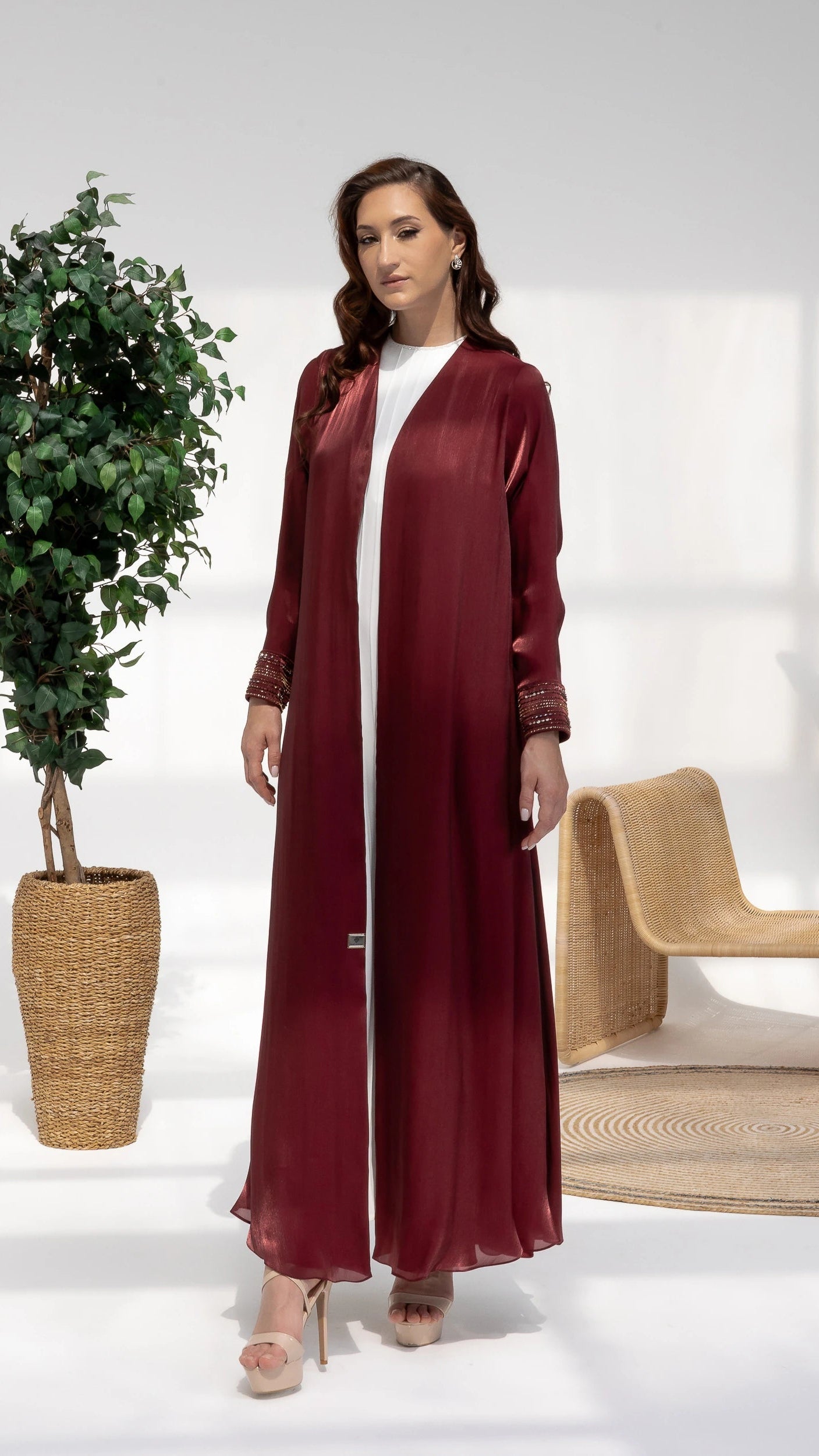 Selina | Ruby Éclat abaya burgundy luxury abaya front view diva atelier