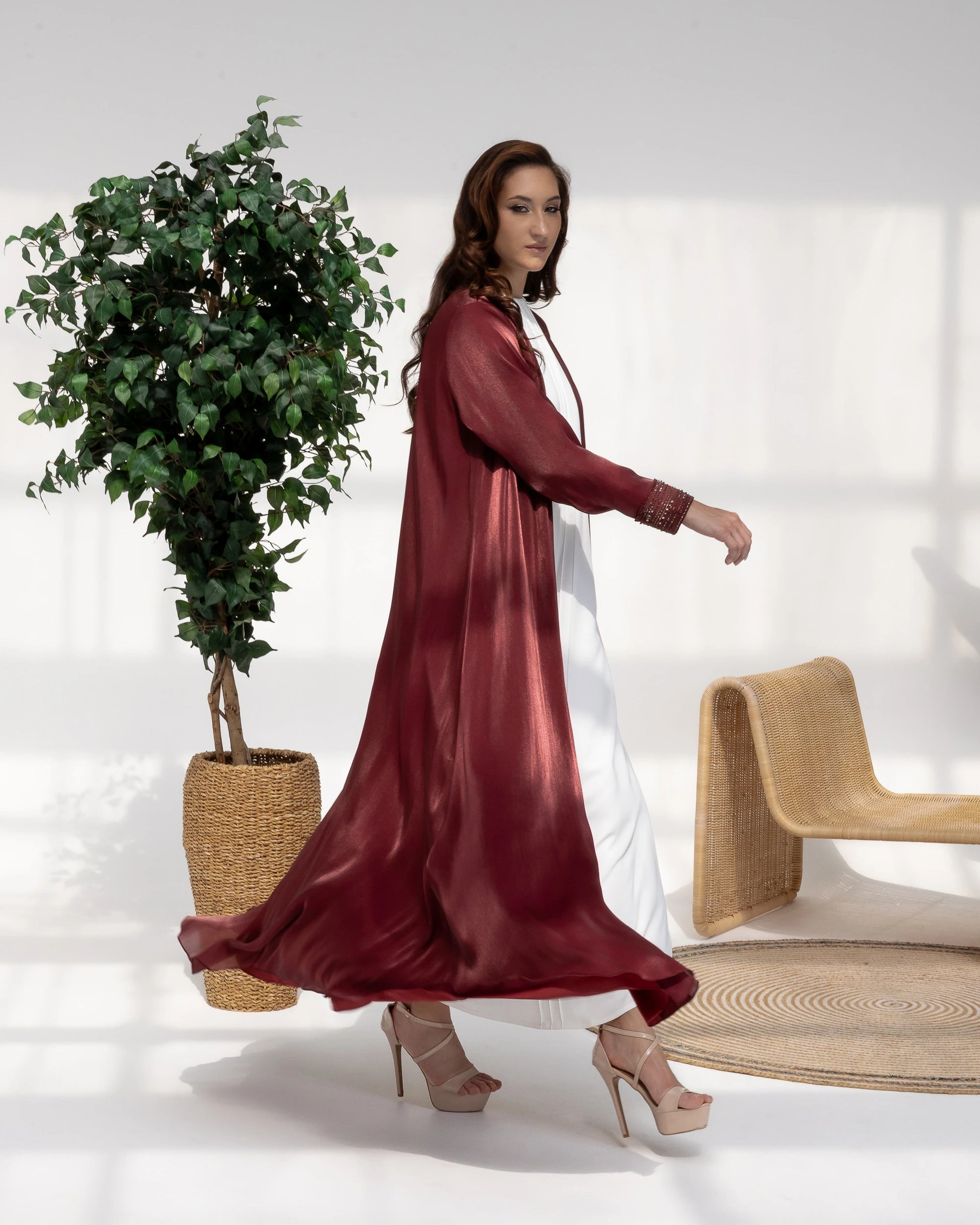 Selina | Ruby Éclat abaya walking movement flow burgundy luxury fabric
