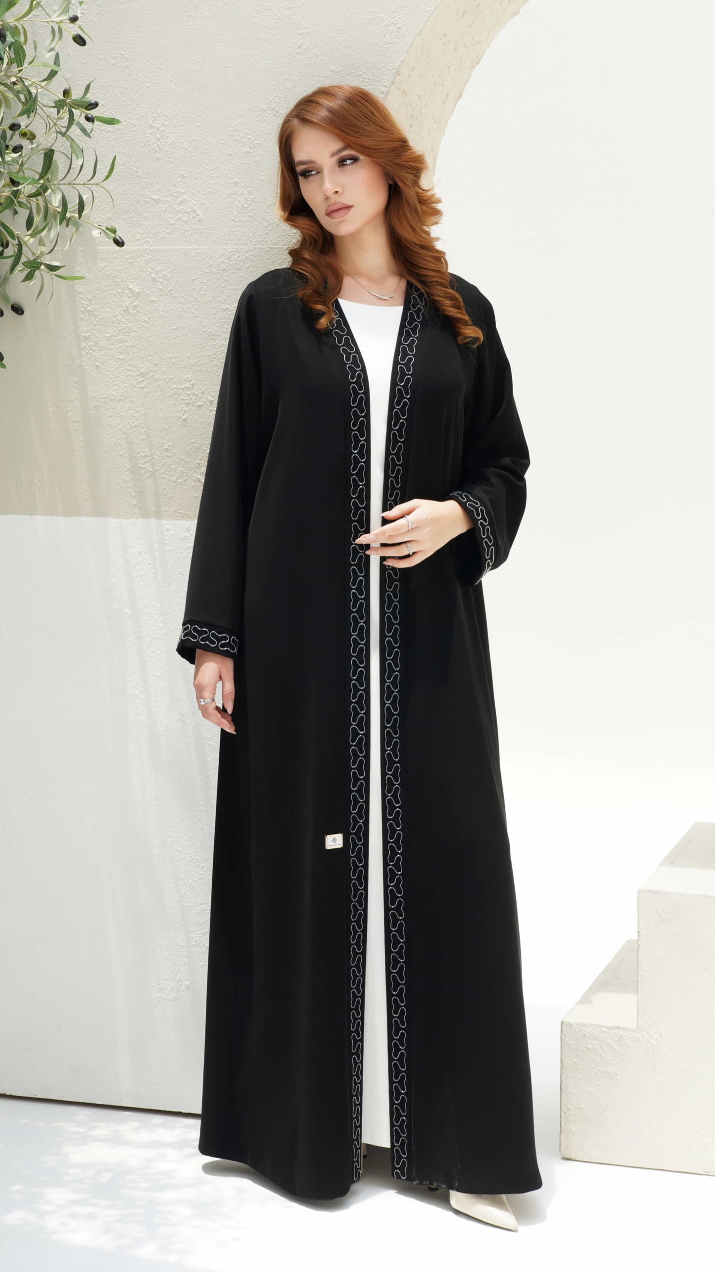 TAHIRA | Noir Ligne - black abaya full front view with silver embroidery