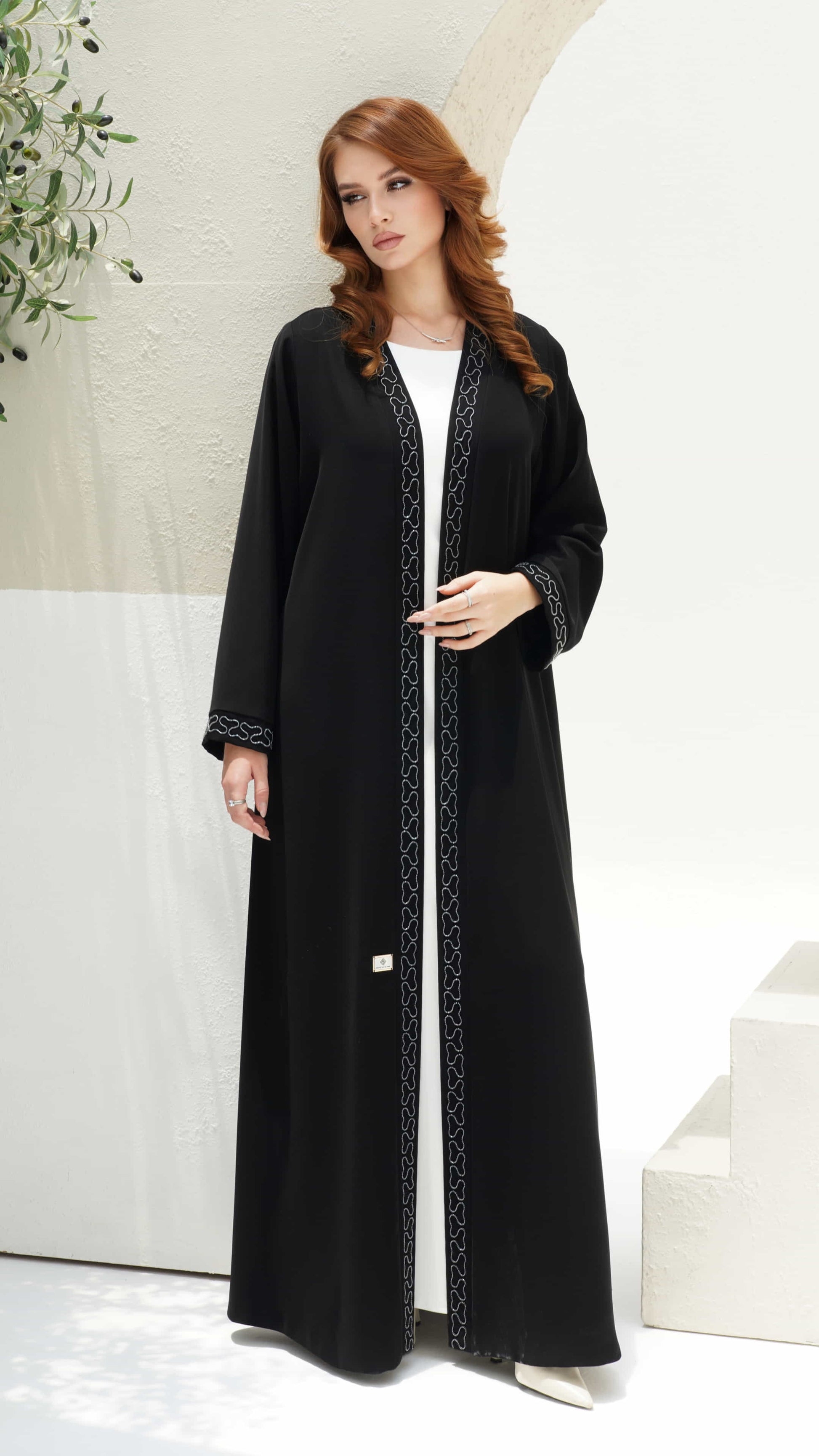 TAHIRA | Noir Ligne - black abaya full front view with silver embroidery