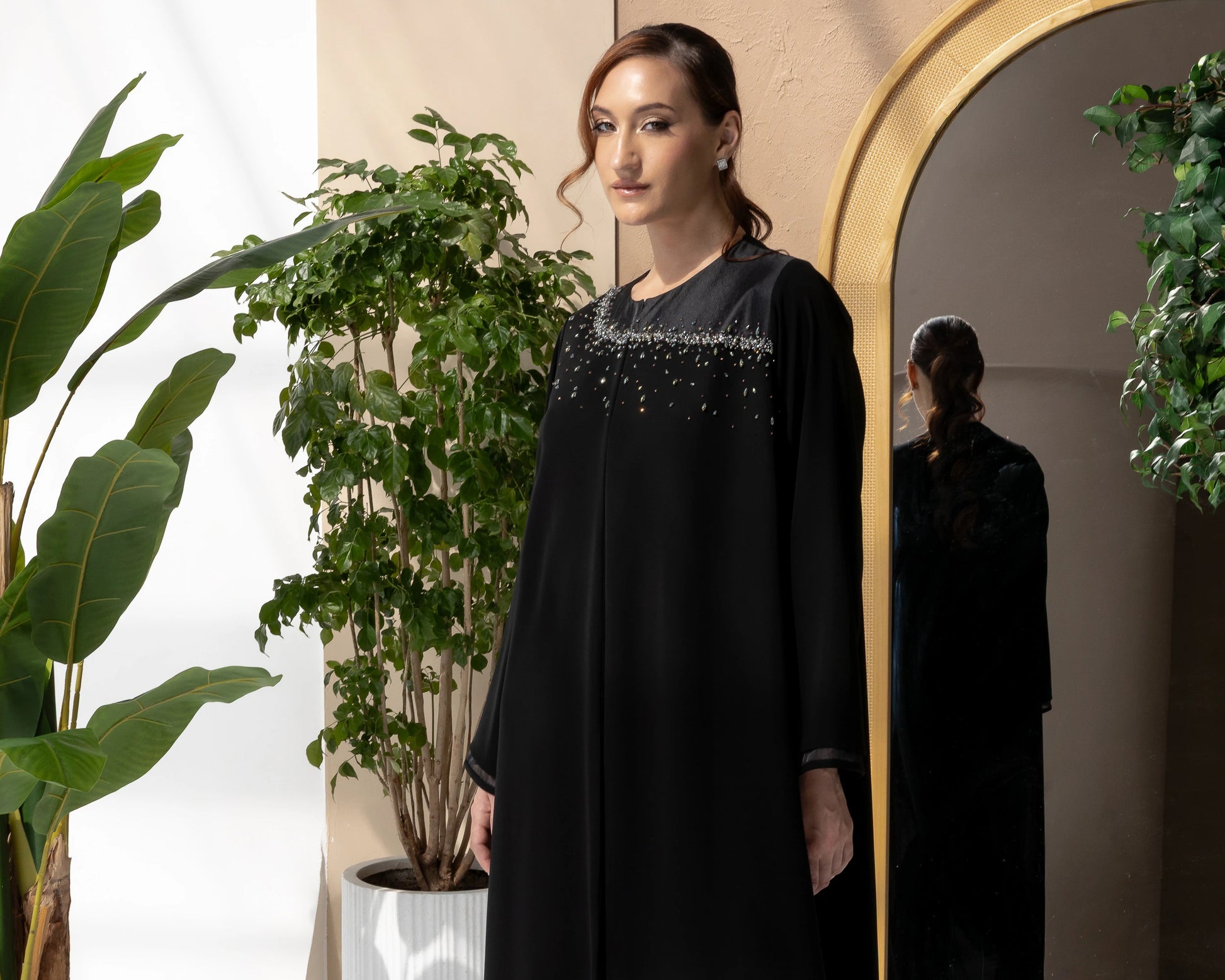 THURAYA Noir Celestia elegant modest fashion abaya with flowing silhouette and celestial sparkle