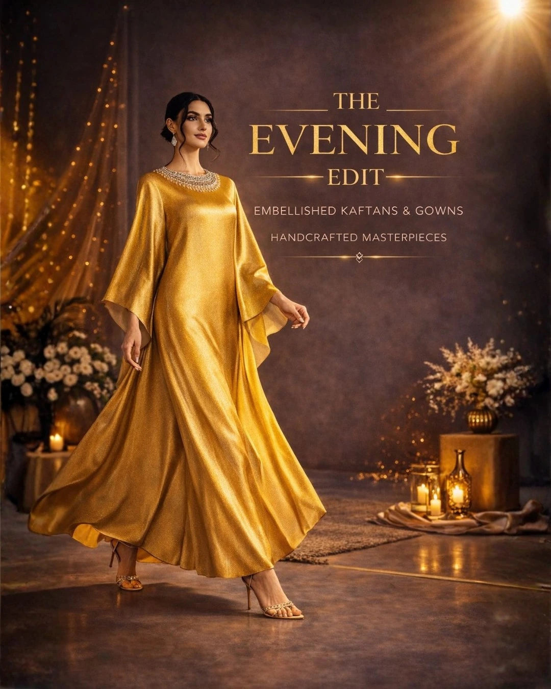 The Evening Edit Collection by Diva Atelier - Woman in a gold evening gown style kaftan in a dimly lit setting.