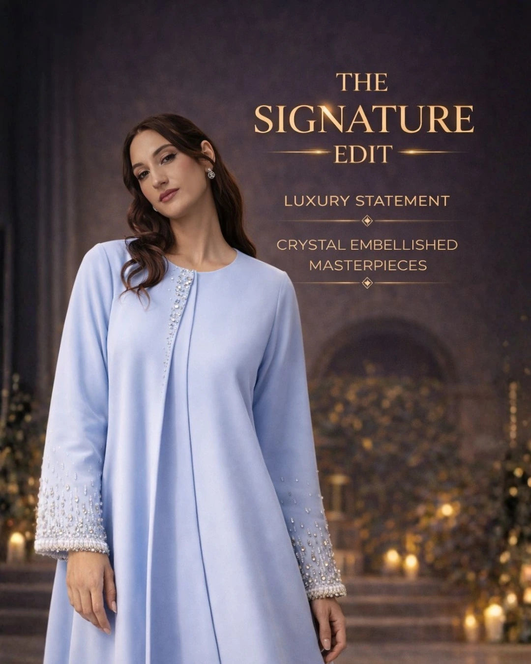 The Signature Edit Collection by Diva Atelier - Woman wearing a light blue abaya with crystal embellishments against a dark, elegant background.
