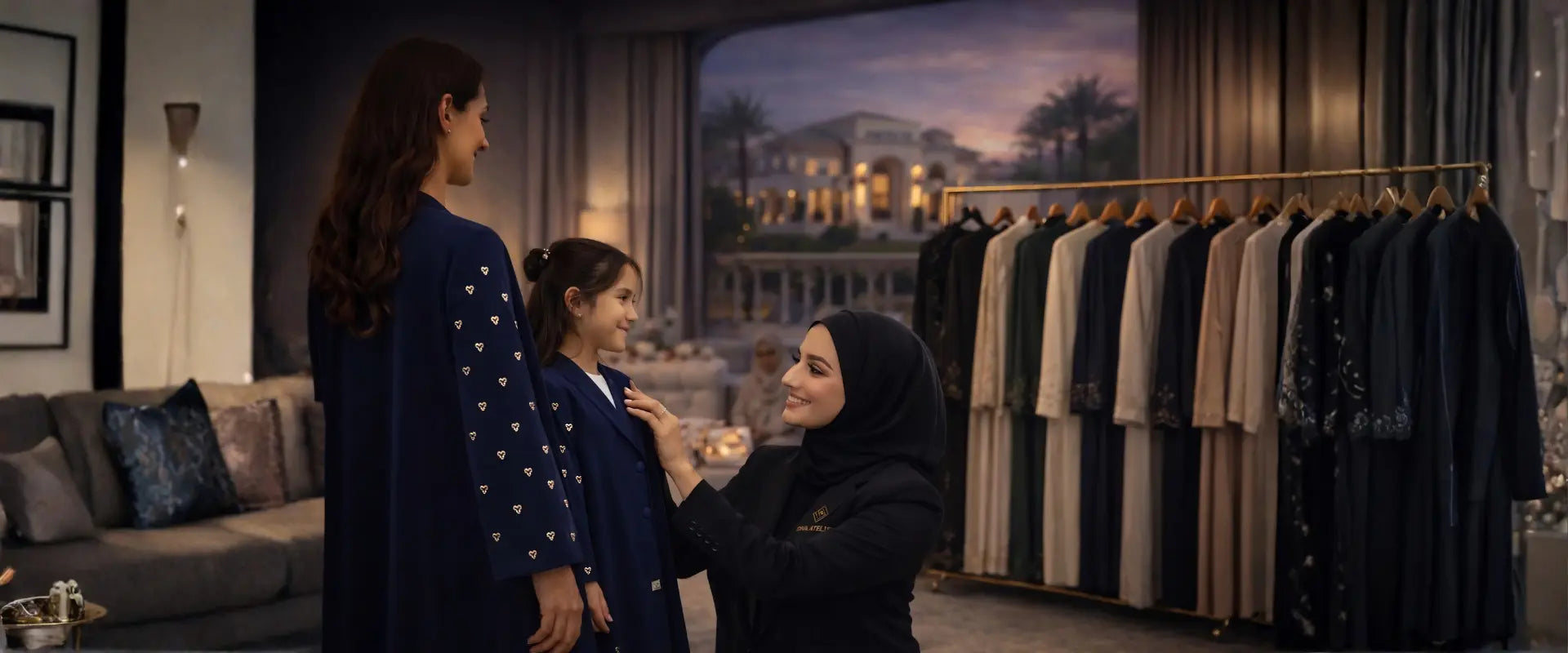 Home Atelier Service - experience luxury at your door step - Personalized - Private Fitting - Woman trying on a dress in a private luxury setting of a villa in Dubai.