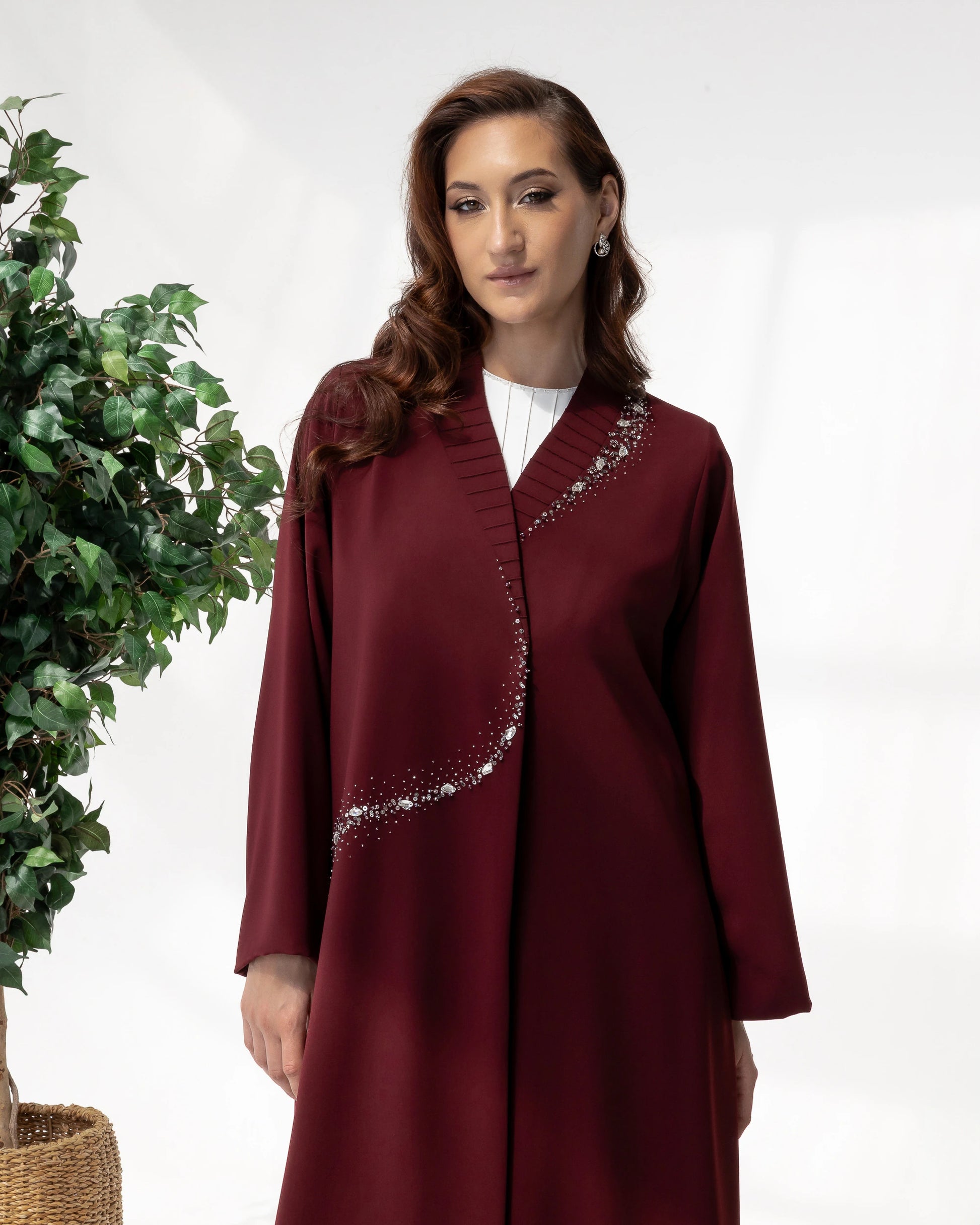 YUMNA Royal Burgundy Elegance luxury modest fashion abaya styled for formal evening occasions