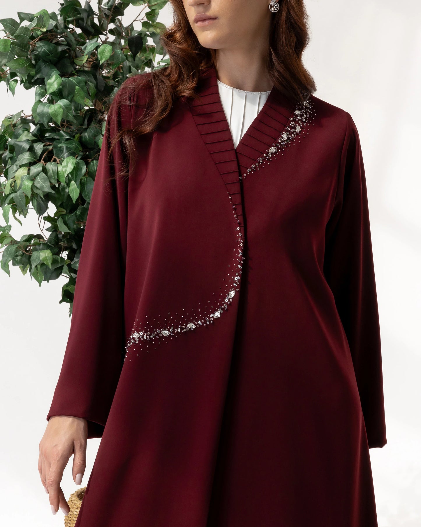YUMNA Royal Burgundy Elegance couture burgundy abaya with luminous crystal trail embellishments