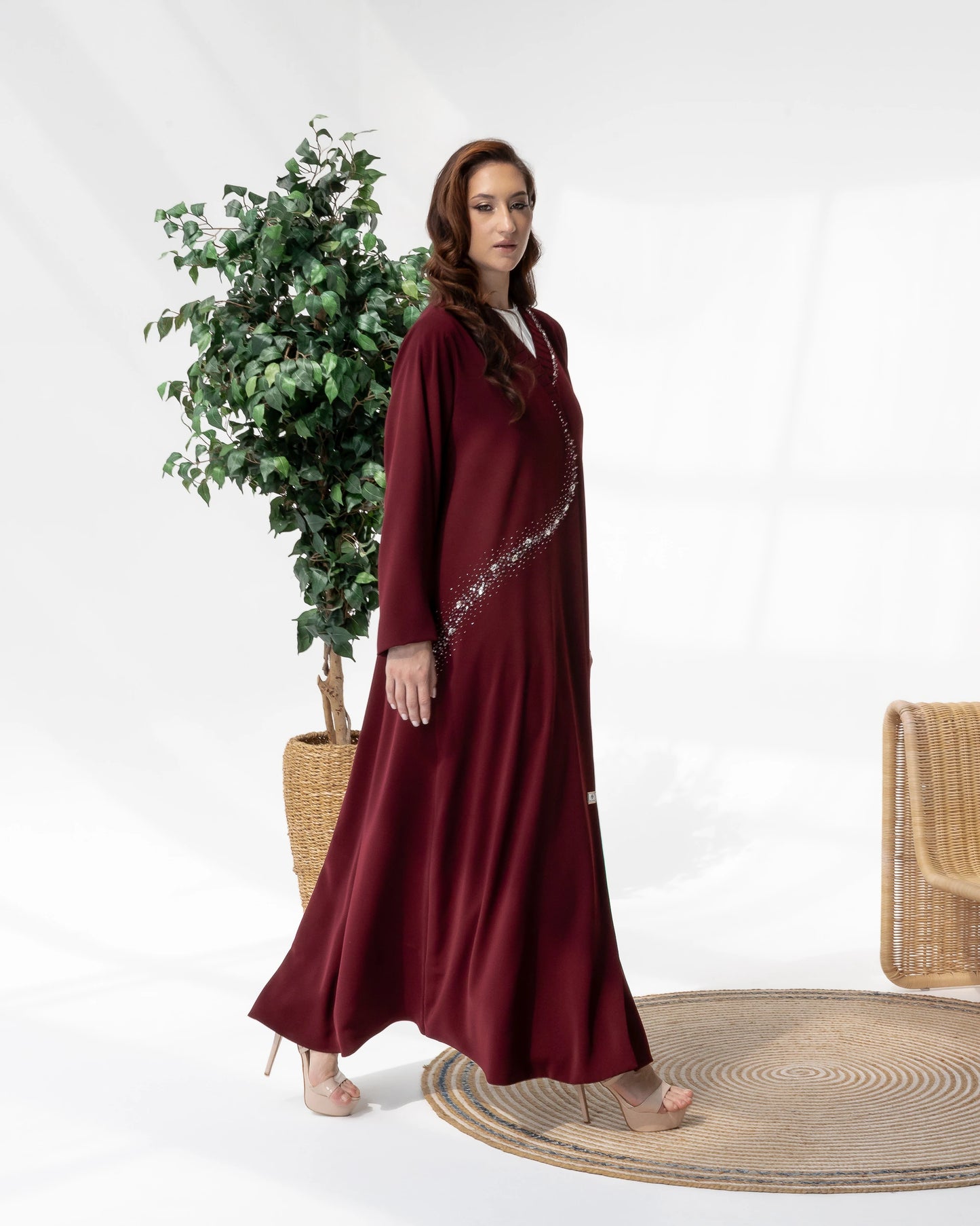 YUMNA Royal Burgundy Elegance elegant burgundy abaya with flowing movement and sophisticated tailoring