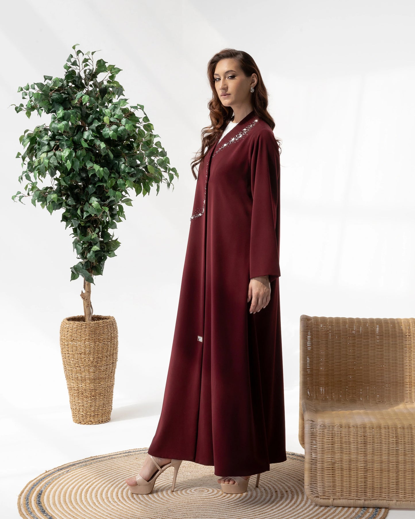 YUMNA Royal Burgundy Elegance luxury Ramadan and Eid abaya with shimmering crystal accents