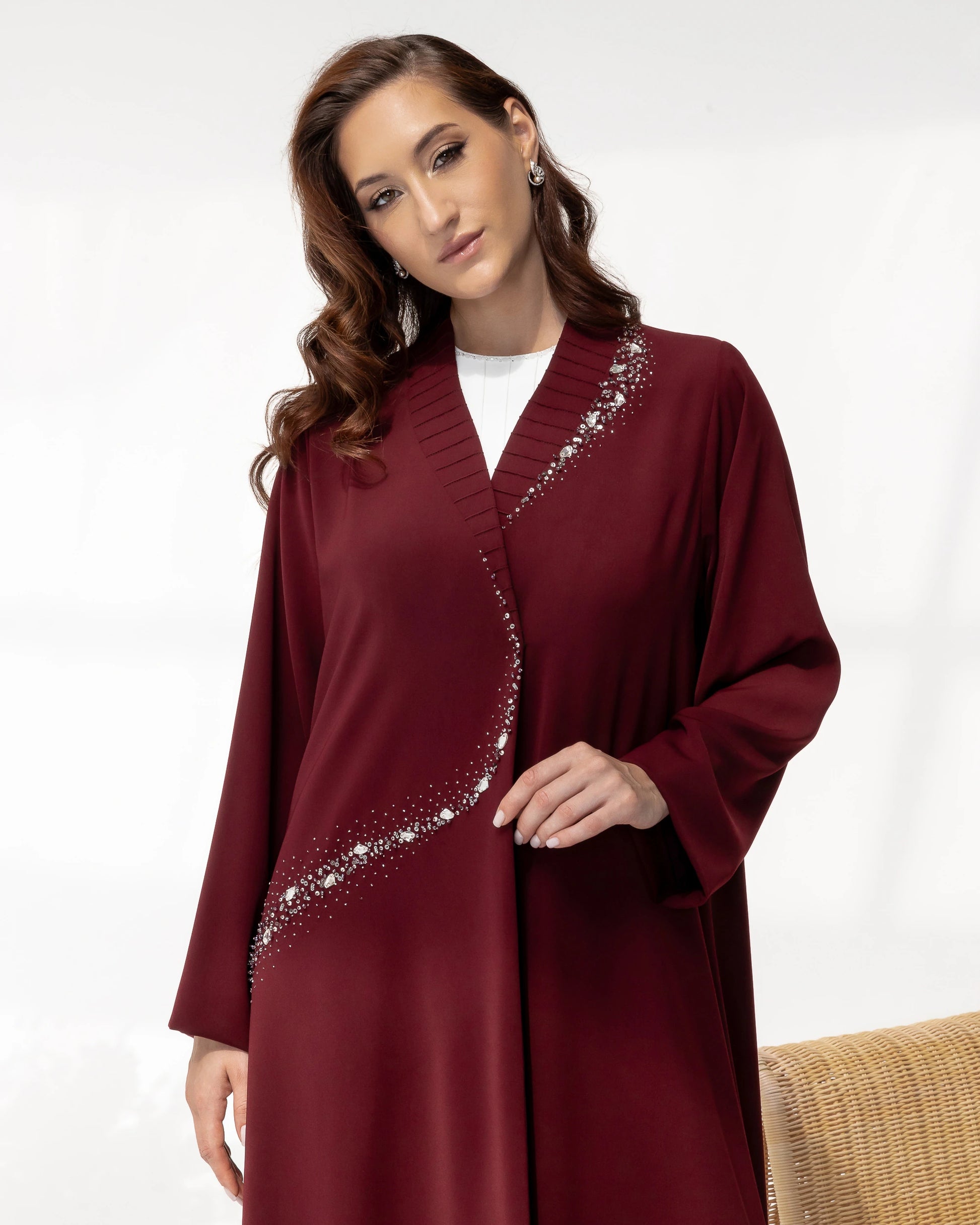 YUMNA Royal Burgundy Elegance premium burgundy abaya with luxurious drape and couture finish