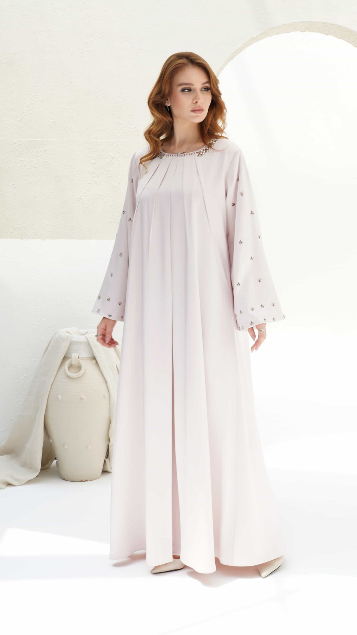 ZAHIRA | Blush Lumière Full length Zahira blush pink kaftan with wide embellished sleeves and flowing silhouette