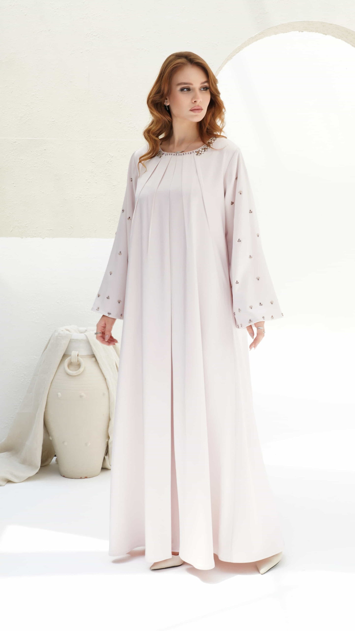 ZAHIRA | Blush Lumière Full length Zahira blush pink kaftan with wide embellished sleeves and flowing silhouette