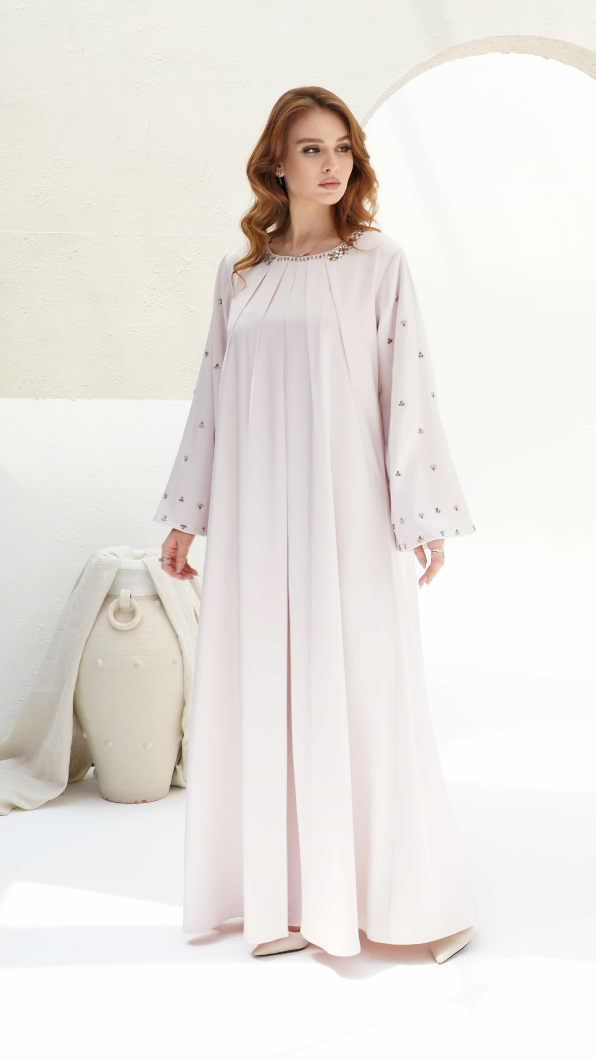 ZAHIRA | Blush Lumière Full length Zahira blush pink kaftan with wide embellished sleeves and flowing silhouette