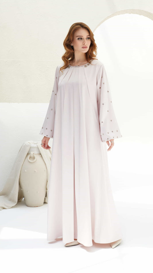 ZAHIRA | Blush Lumière Full length Zahira blush pink kaftan with wide embellished sleeves and flowing silhouette