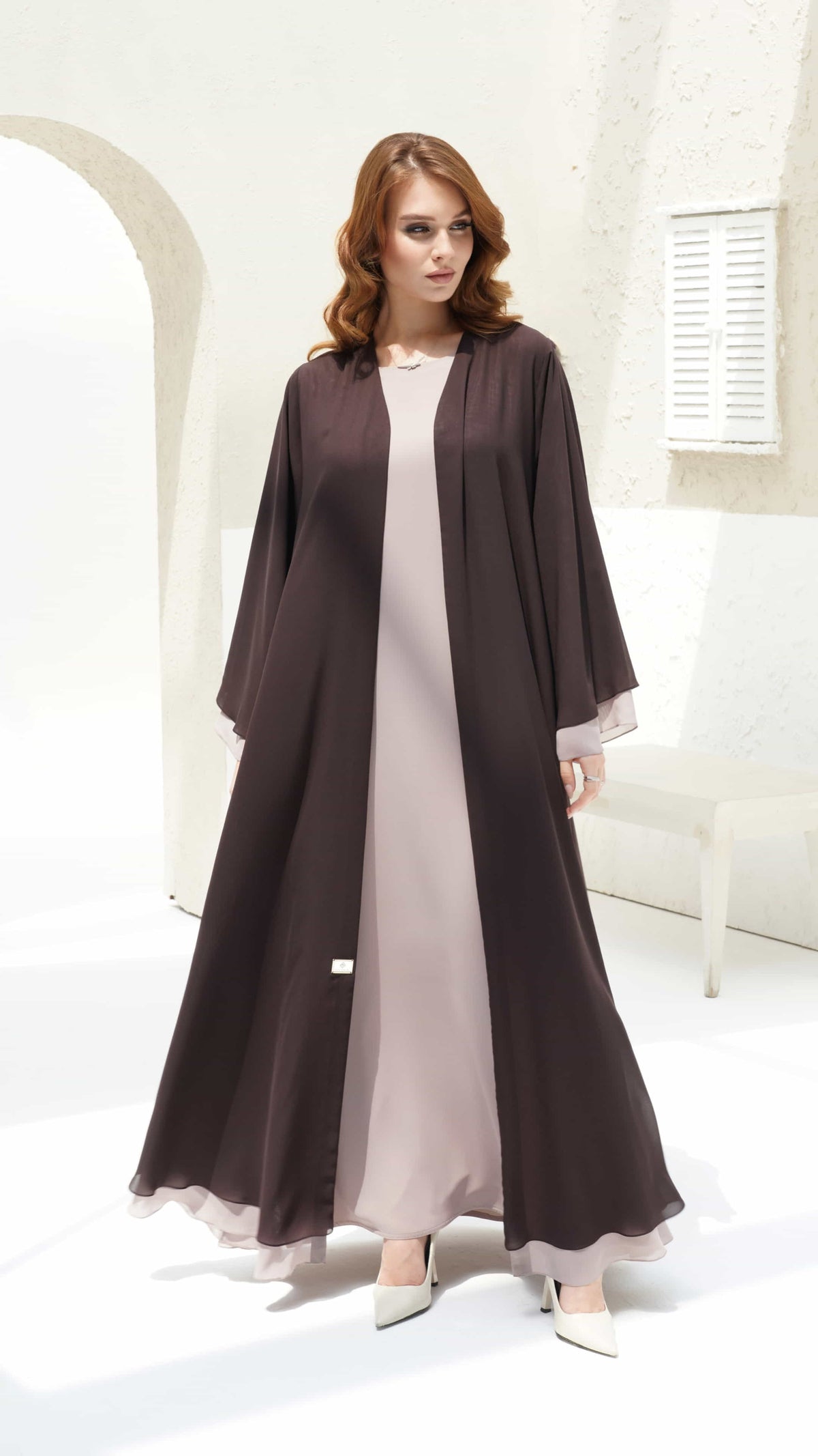 Zohra Mocha Mist Elegance ethereal abaya in mocha and blush tones front view