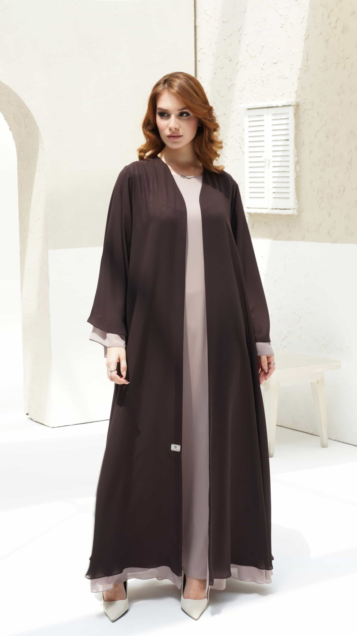 Zohra Mocha Mist Luxury mocha abaya with flowing elegant drapes