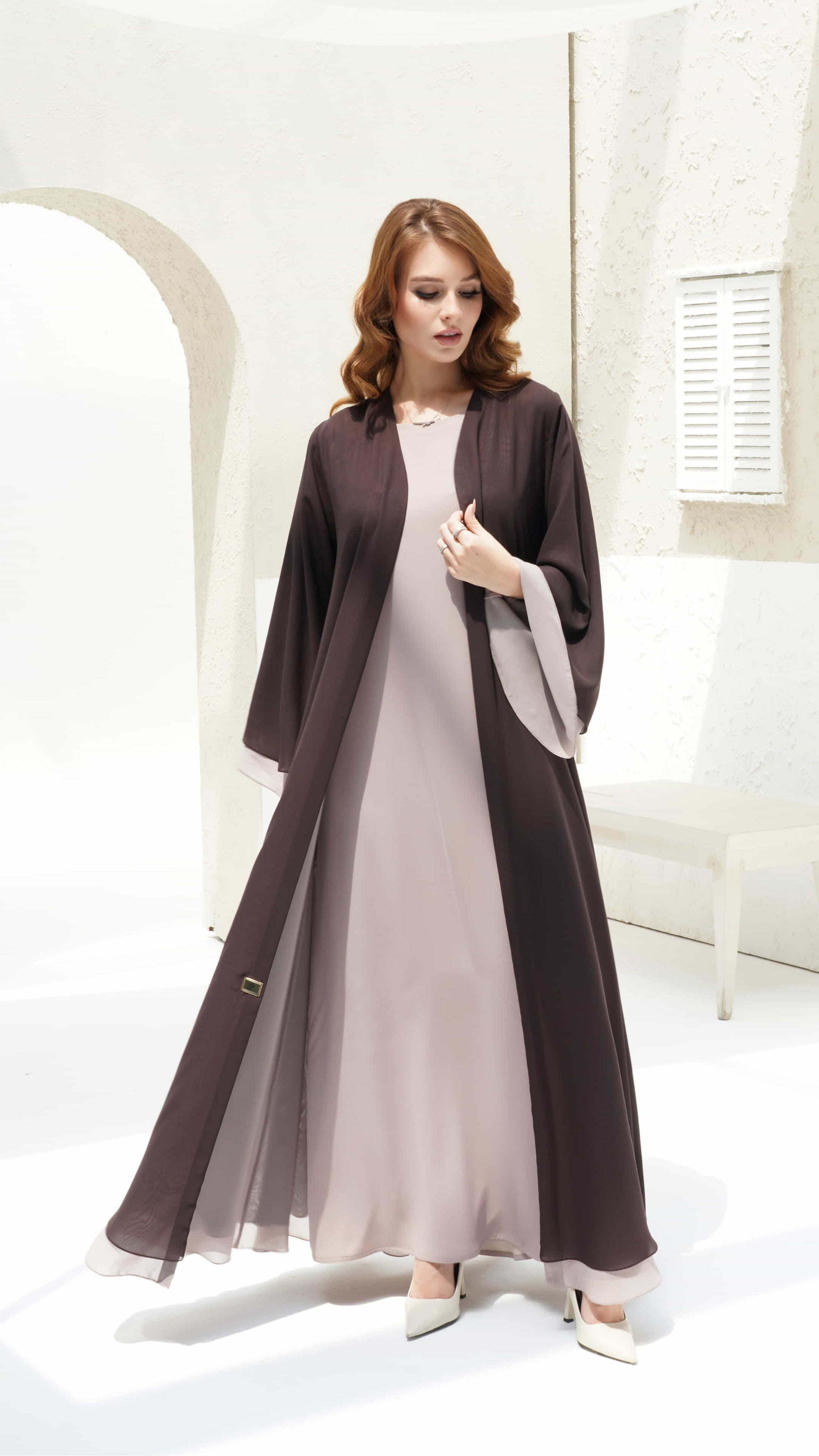 Zohra Mocha Mist fashion editorial of blush tones abaya in mocha elegance 