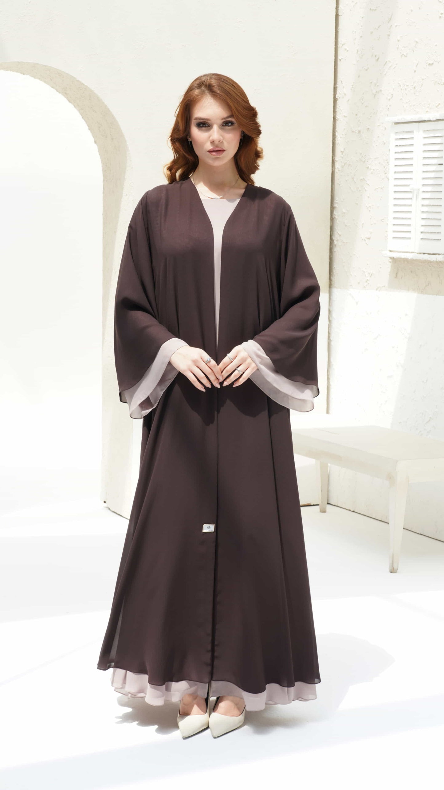 Zohra Mocha Mist Abaya flared bell fluid sleeves and bespoke silhoutte fit