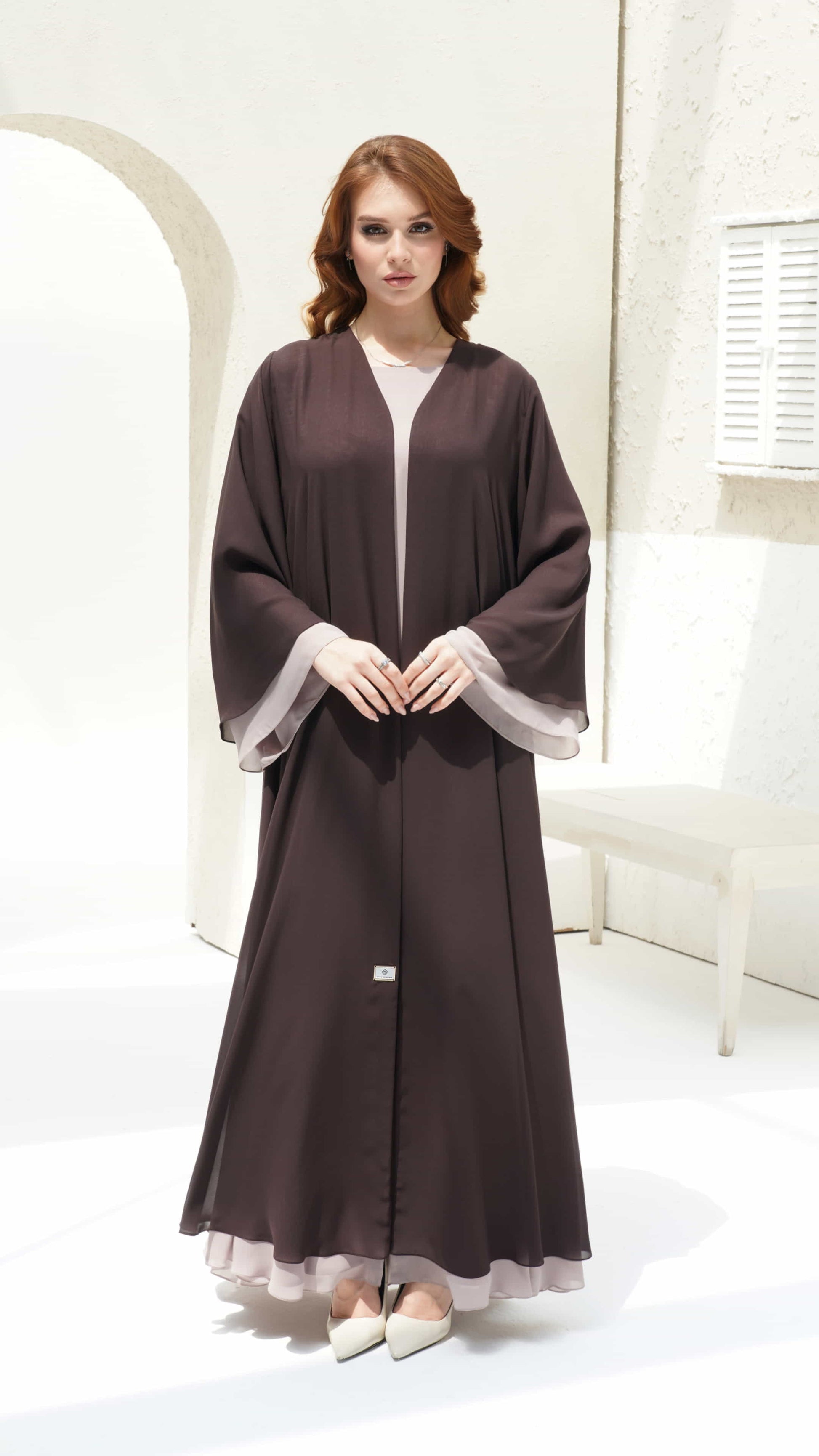 Zohra Mocha Mist Abaya flared bell fluid sleeves and bespoke silhoutte fit