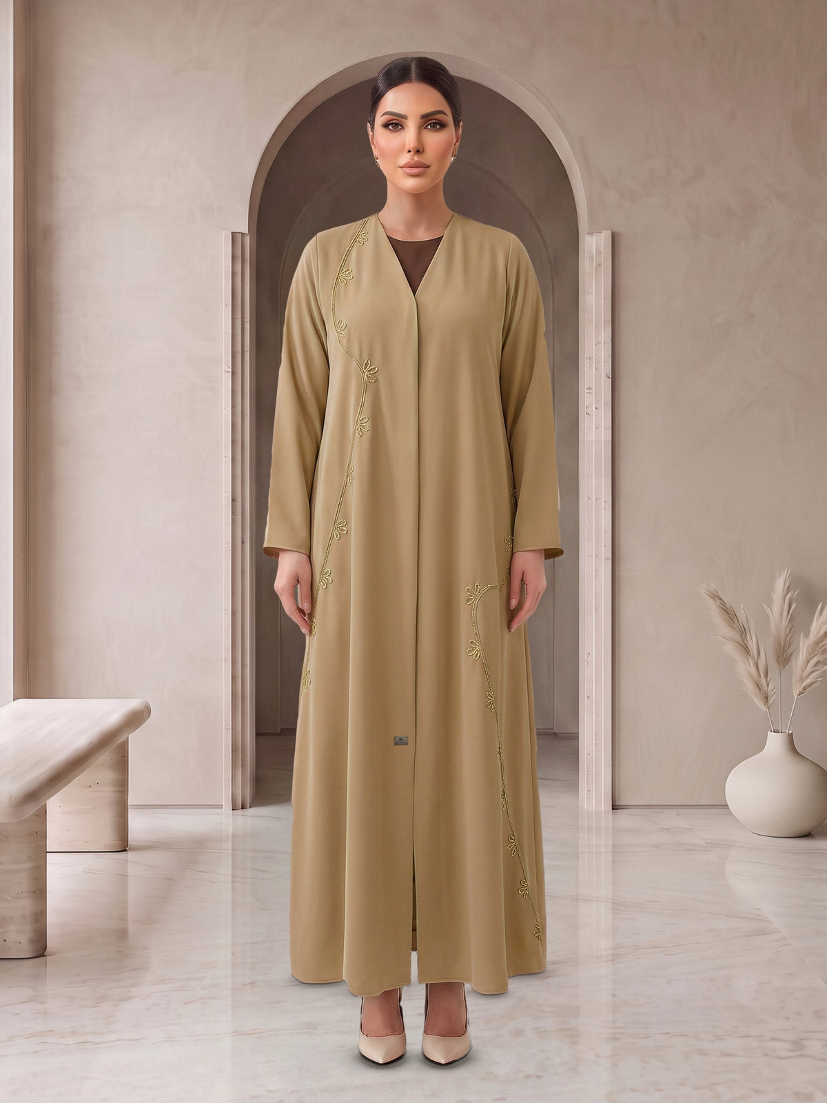 AFNAN golden beige embroidered abaya, front view, Diva Atelier Dubai