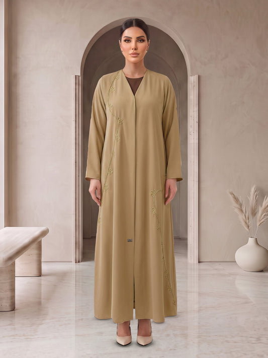 AFNAN golden beige embroidered abaya, front view, Diva Atelier Dubai