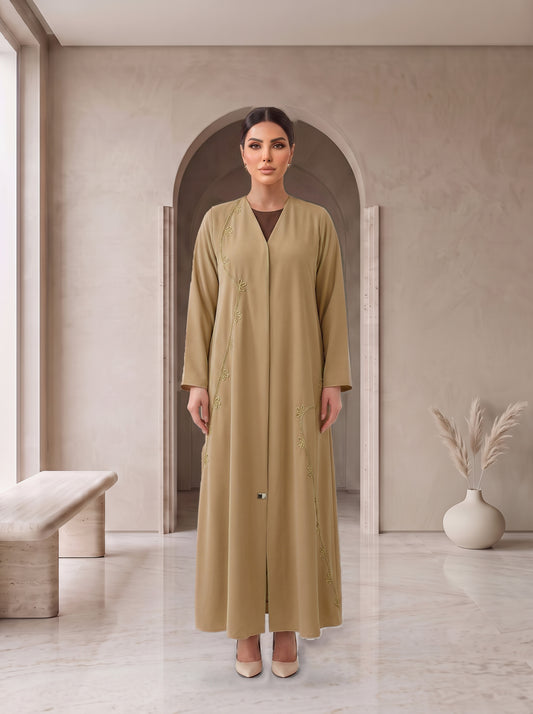 AFNAN golden beige embroidered abaya, front view, Diva Atelier Dubai