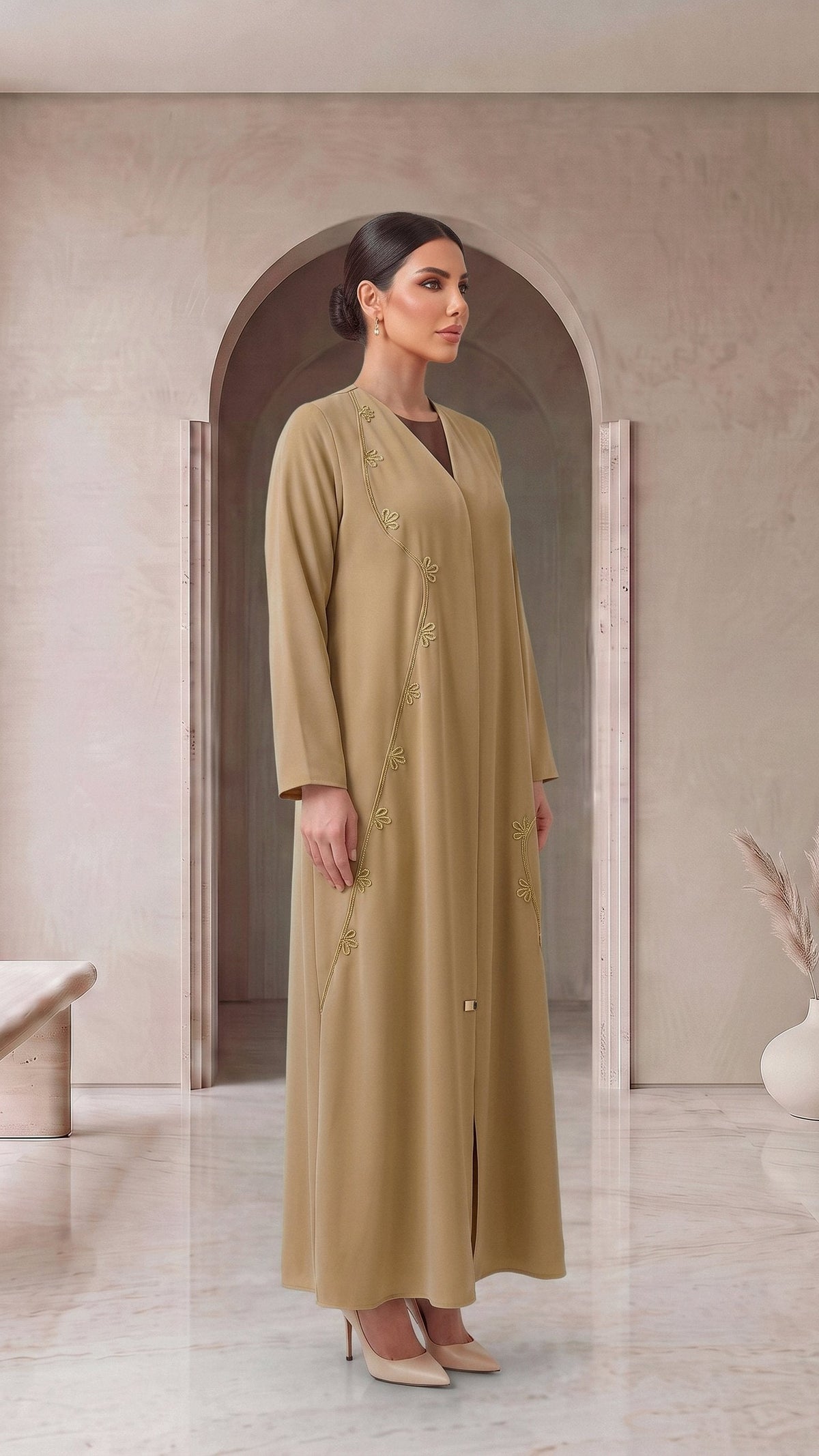 AFNAN golden beige abaya, three-quarter view
