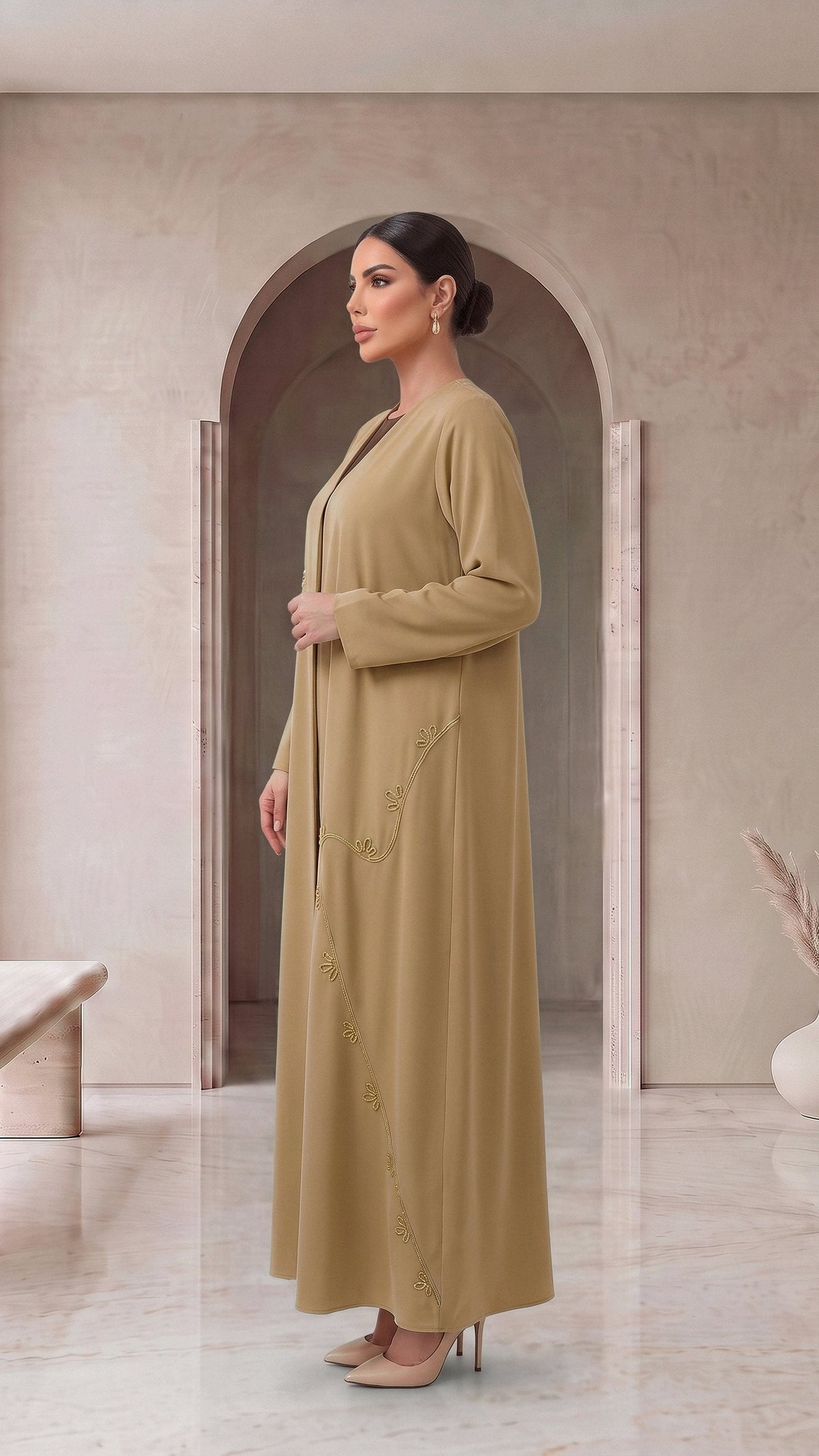AFNAN golden beige abaya, side view
