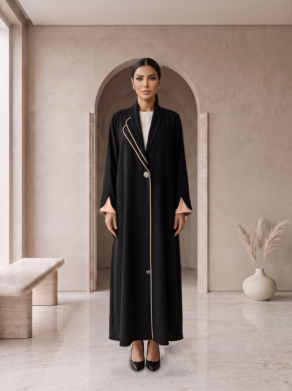 ALANOUD black abaya with apricot piped lapel, front view, Diva Atelier Dubai