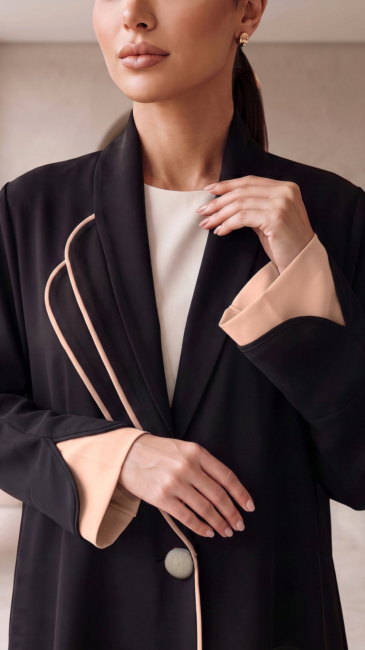 ALANOUD abaya apricot lapel piping and statement button detail