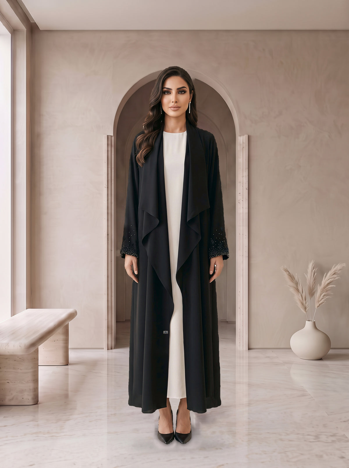BADOUR black drape abaya with white inner, front view, Diva Atelier Dubai
